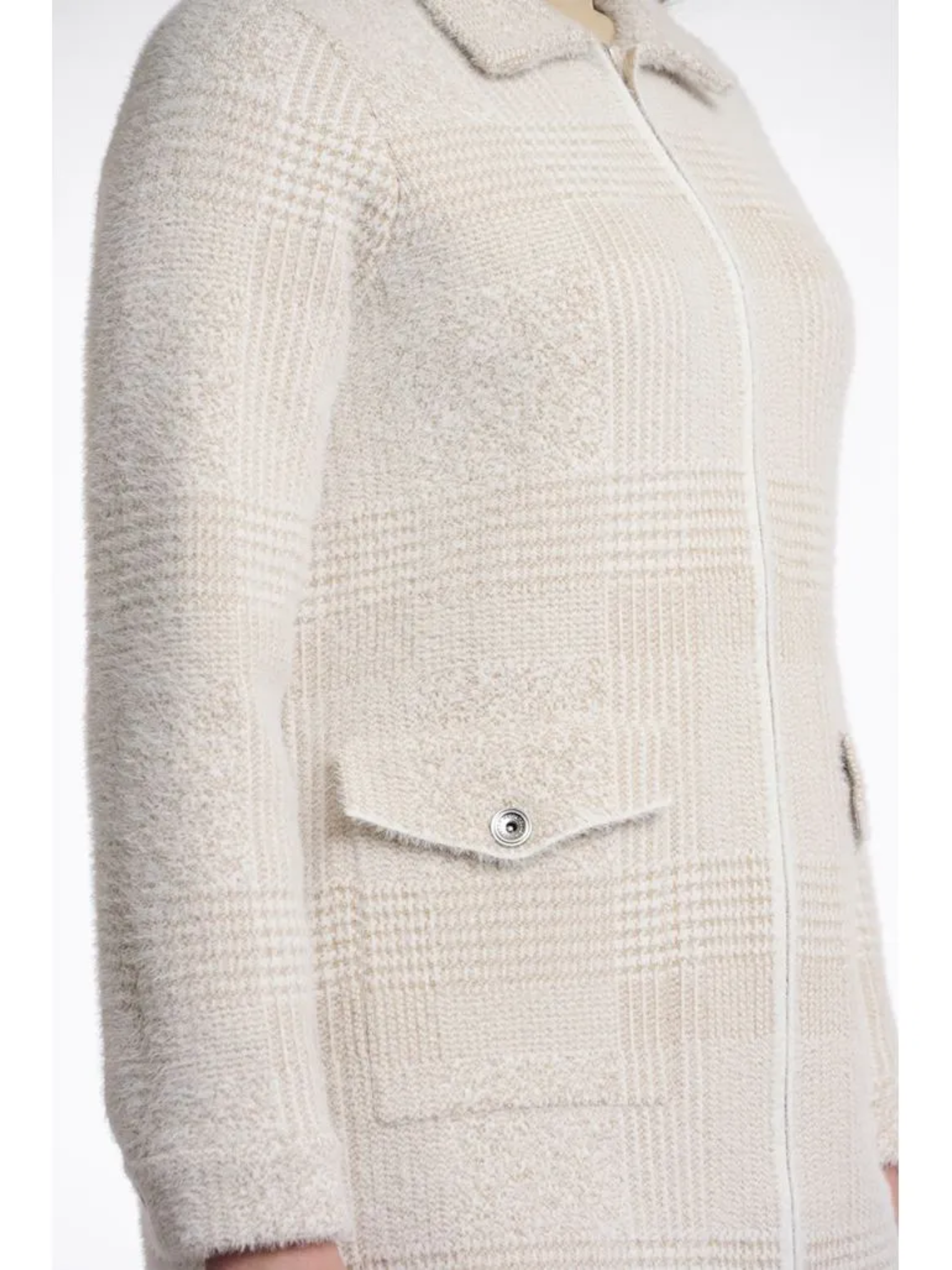 Rino & Pelle Emery Stone Check Zip Cardigan – women’s longline stone cardigan with zip fastening, collared neckline and flap pockets.