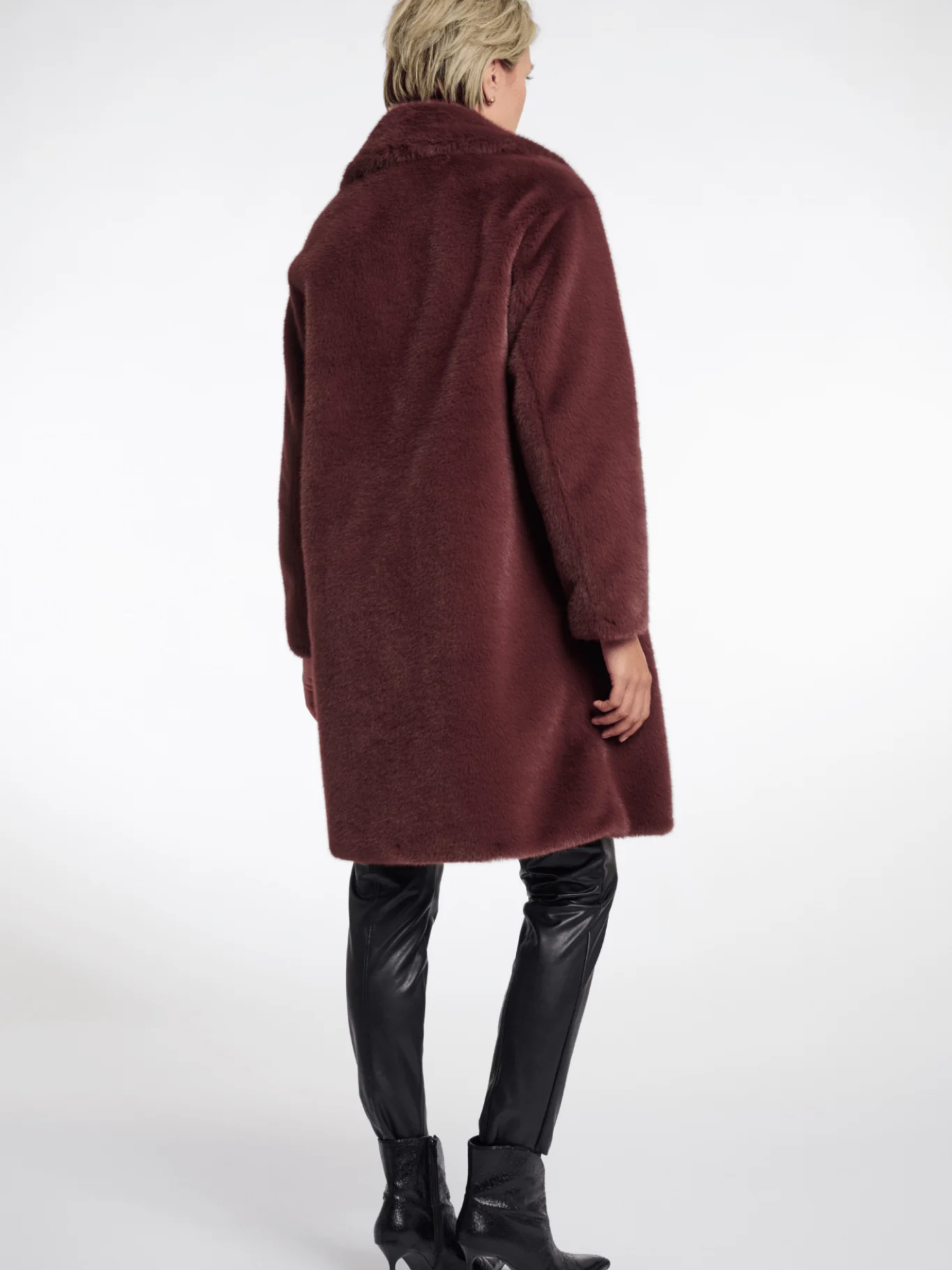 Rino & Pelle Geesje Chocolate Bean faux fur coat with zip inner layer-luxury women’s longline winter coat for stylish cold-weather outfits.