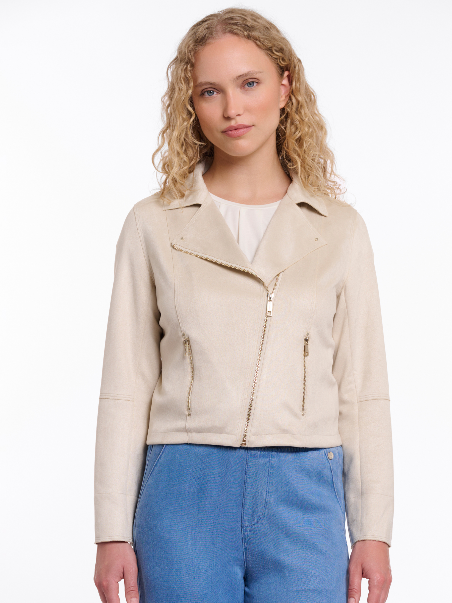 Rino & Pelle Ine Jacket faux suede fitted biker jacket with asymmetric zip and vertical zip pockets.