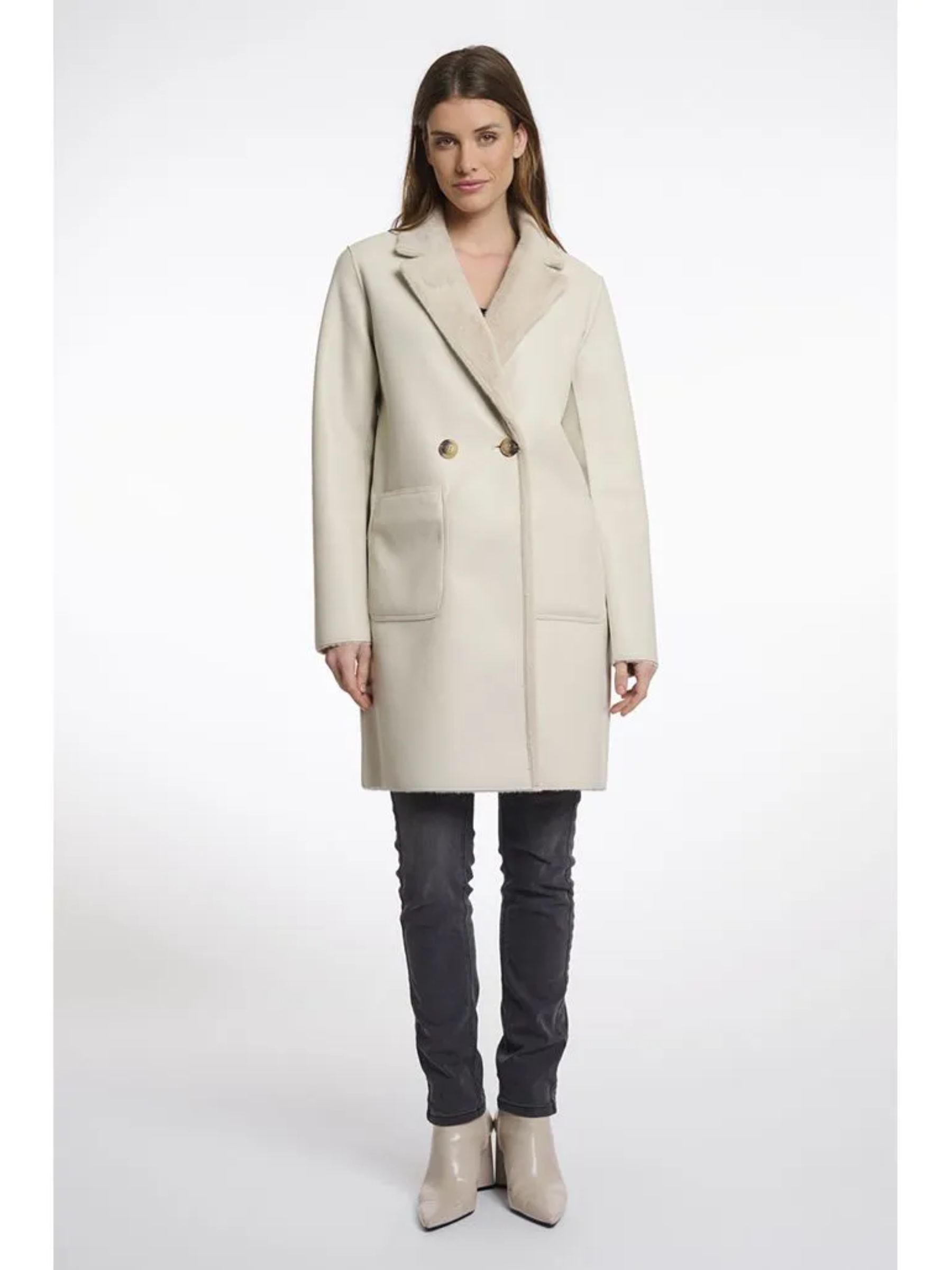 Rino & Pelle Ivon Birch reversible coat – women’s cream longline winter coat with lapel collar, double-breasted buttons and large pockets, styled for versatile day-to-night outerwear.