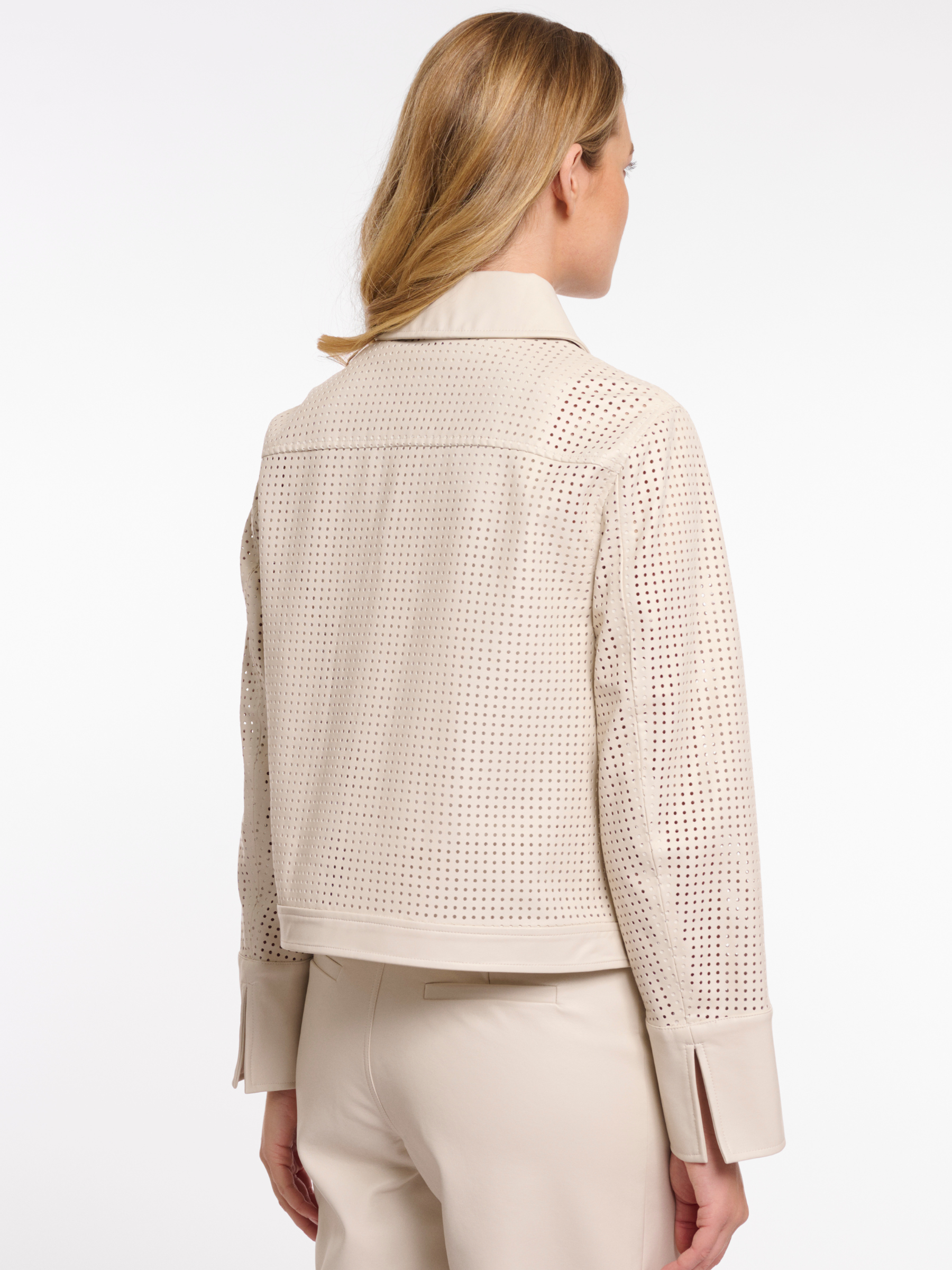 Rino & Pelle Nandi Jacket perforated faux leather button front jacket with patch pockets and structured collar.
