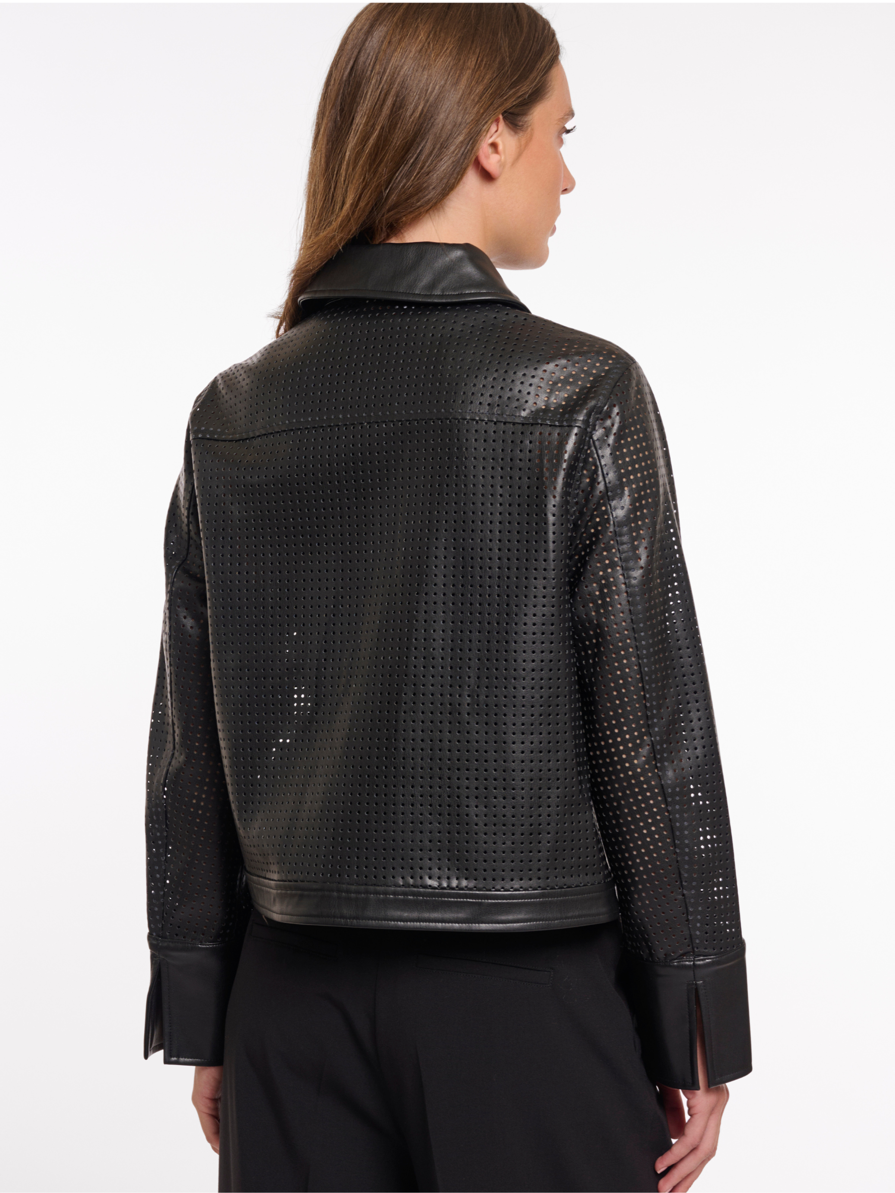 Rino & Pelle Nandi Jacket perforated faux leather button front jacket with patch pockets and structured collar.