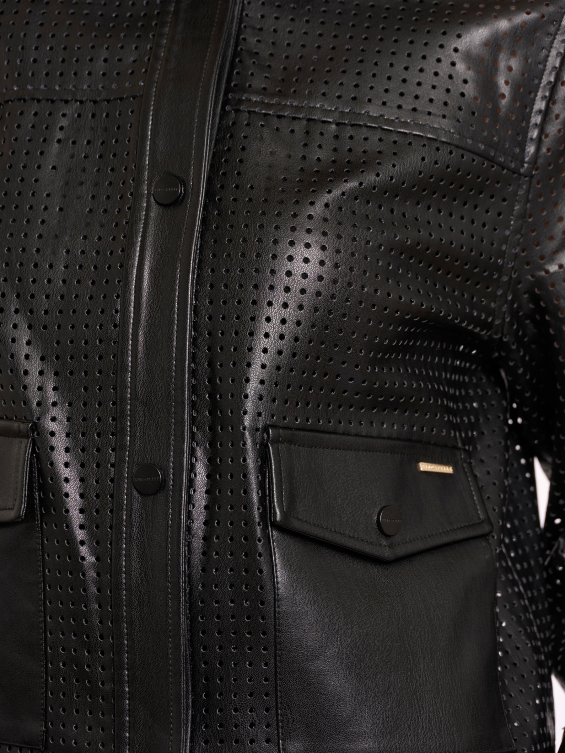 Rino & Pelle Nandi Jacket perforated faux leather button front jacket with patch pockets and structured collar.