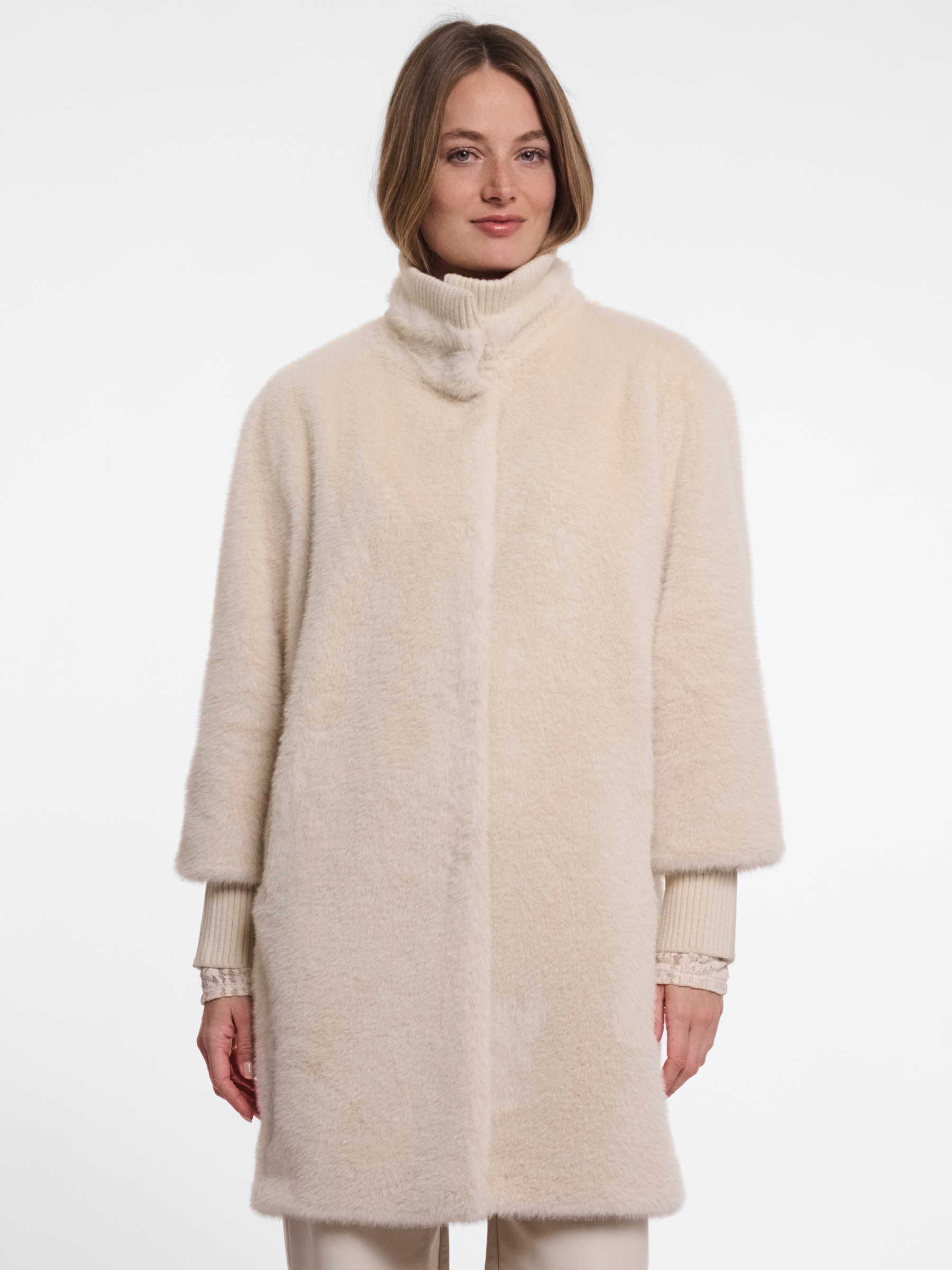 Rino & Pelle Pilar Rib Cuff Medium Length Jacket soft plush medium length jacket with ribbed cuffs and high neckline