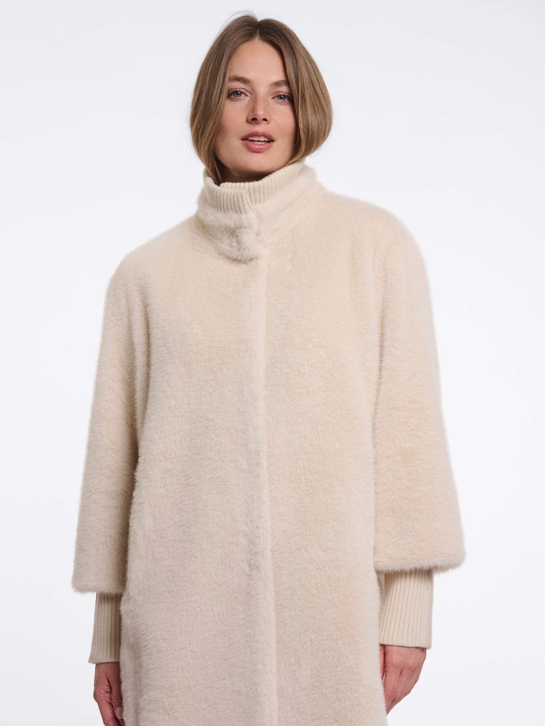 Rino & Pelle Pilar Rib Cuff Medium Length Jacket soft plush medium length jacket with ribbed cuffs and high neckline