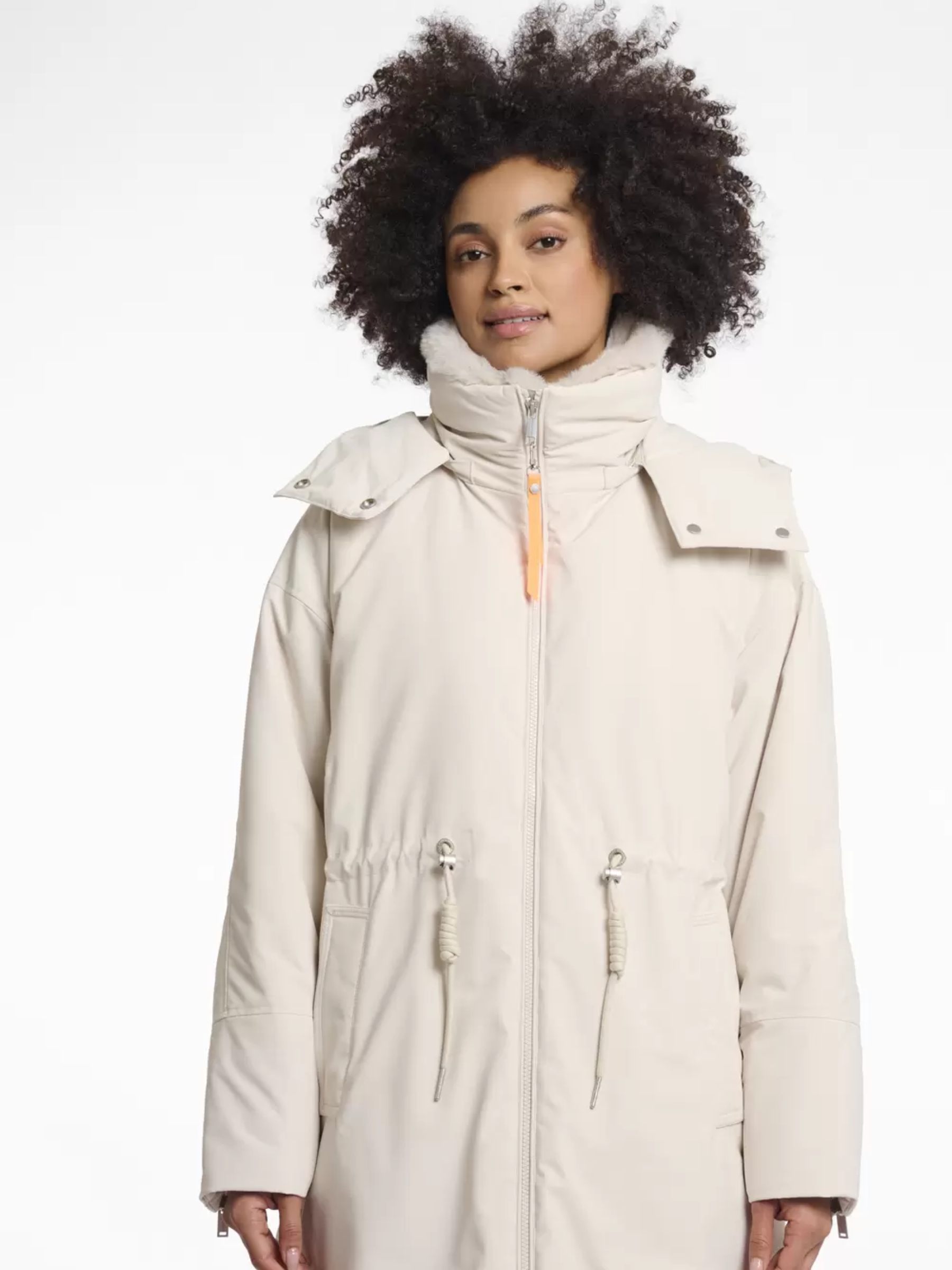 Rino & Pelle Quinte Birch outdoor jacket-longline women’s winter coat with detachable hood and high collar, warm and stylish neutral outerwear.