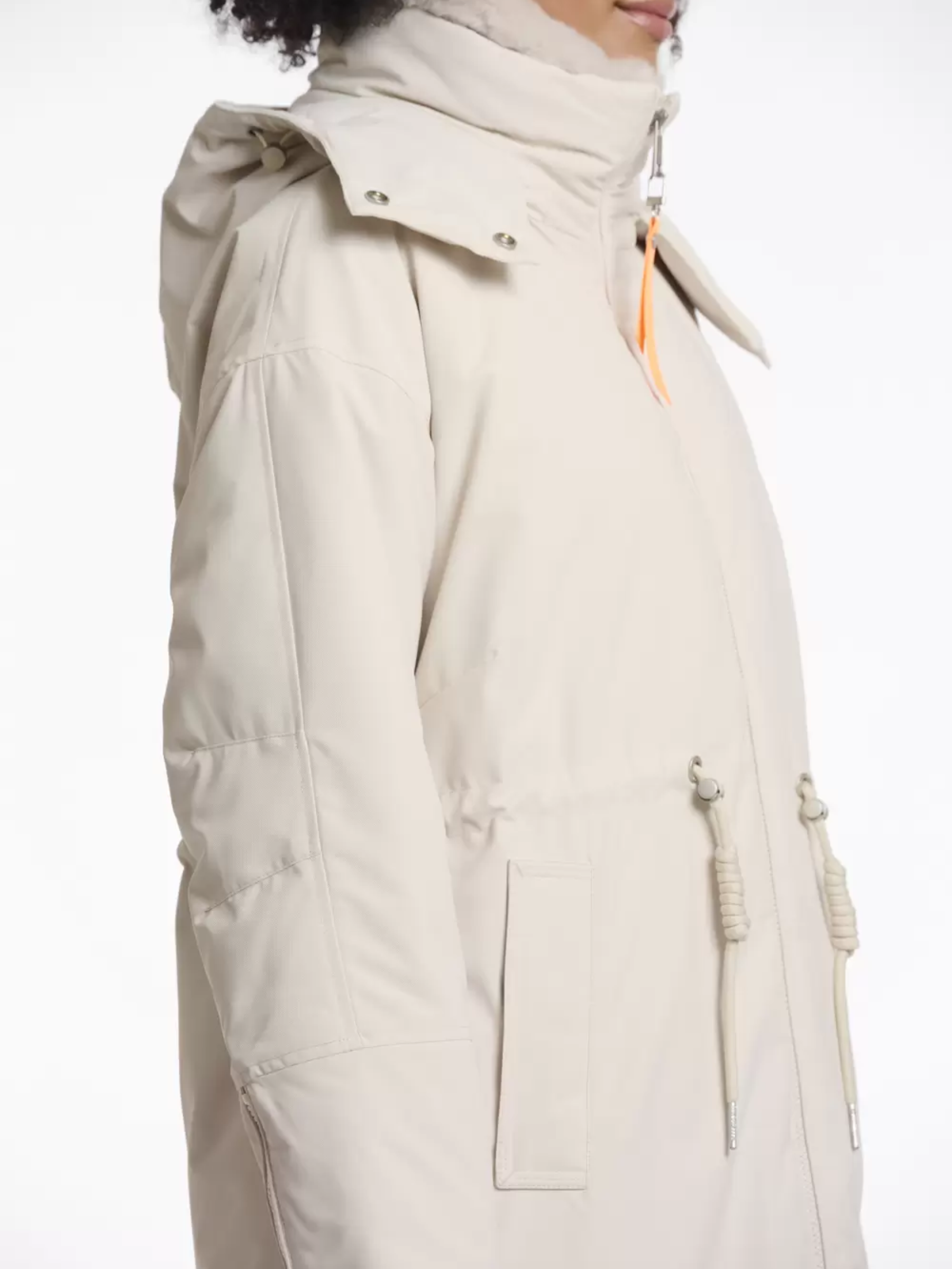 Rino & Pelle Quinte Birch outdoor jacket-longline women’s winter coat with detachable hood and high collar, warm and stylish neutral outerwear.