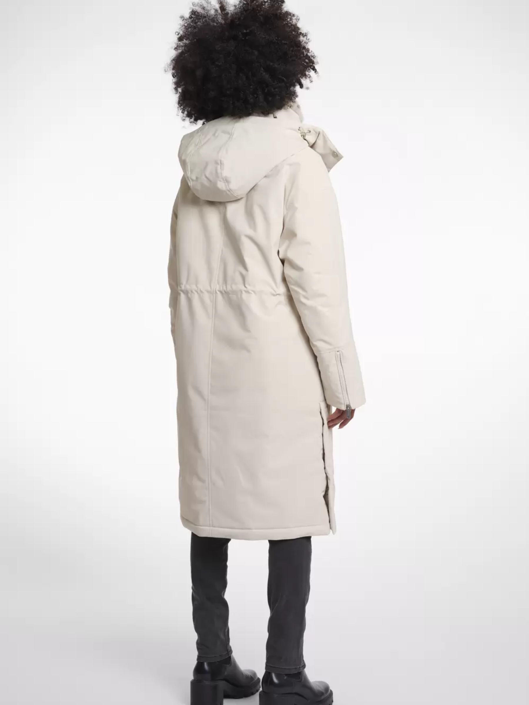 Rino & Pelle Quinte Birch outdoor jacket-longline women’s winter coat with detachable hood and high collar, warm and stylish neutral outerwear.