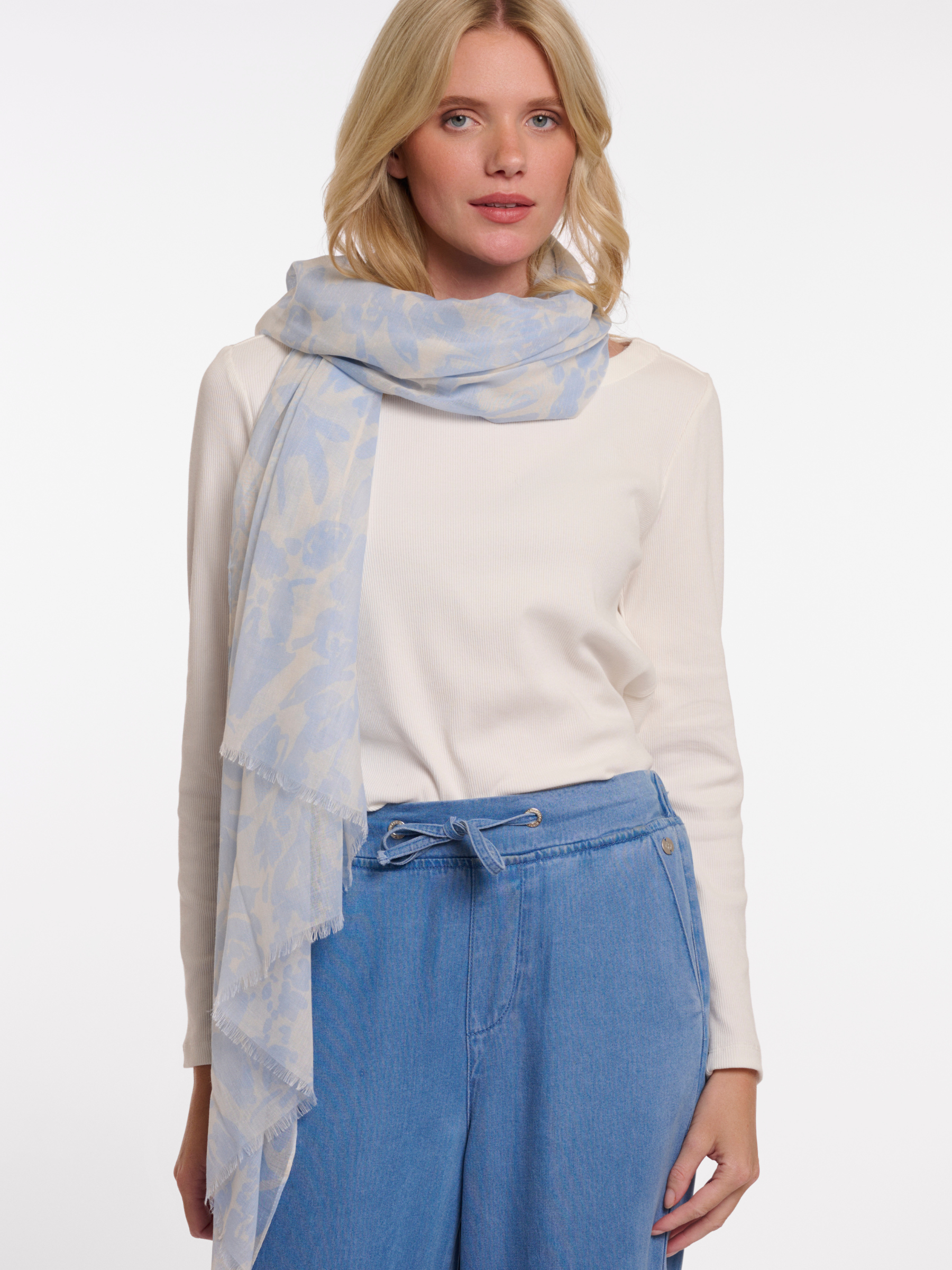 Rino & Pelle Salva Scarf lightweight printed scarf with soft drape and frayed edges.