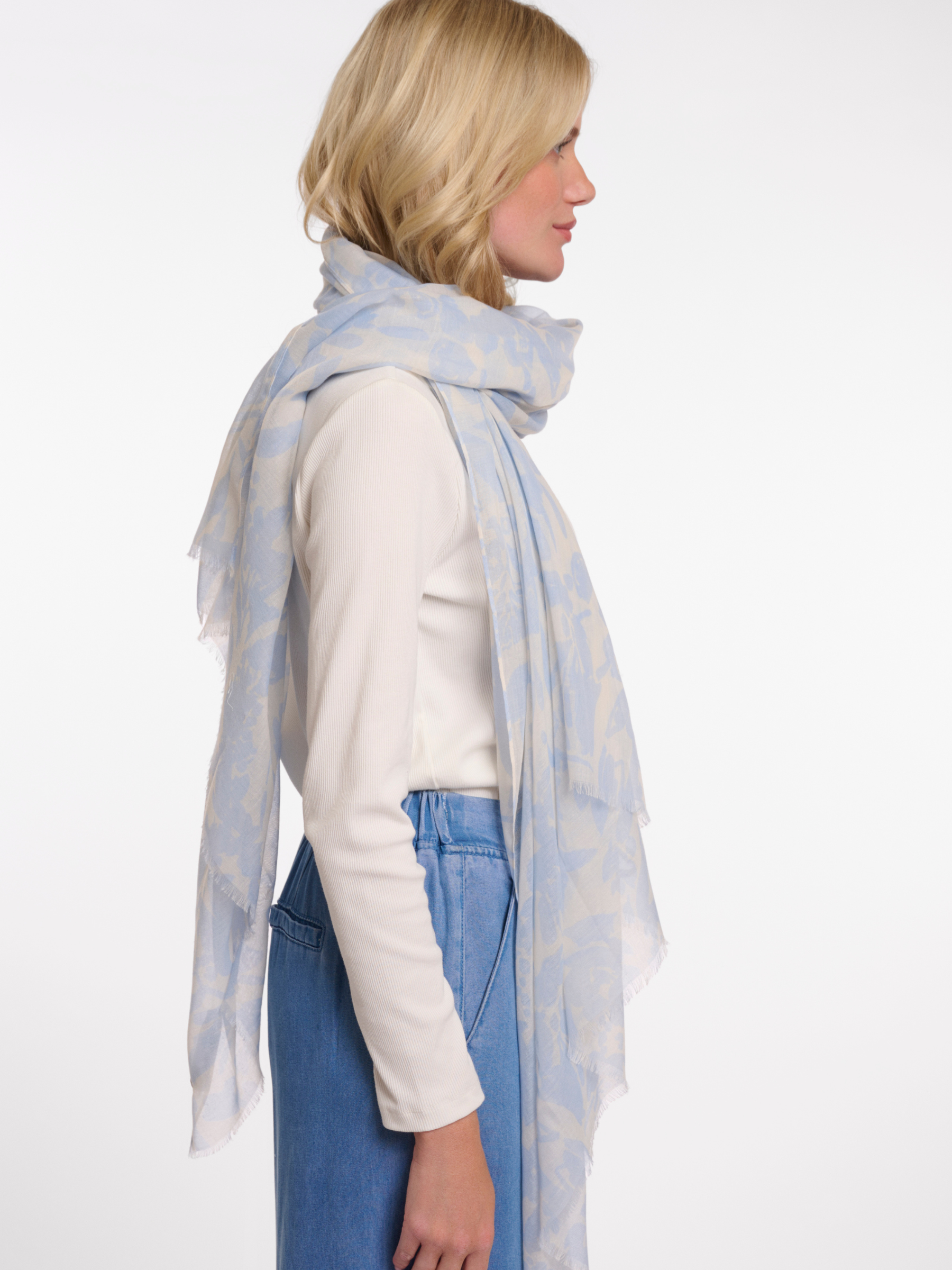 Rino & Pelle Salva Scarf lightweight printed scarf with soft drape and frayed edges.
