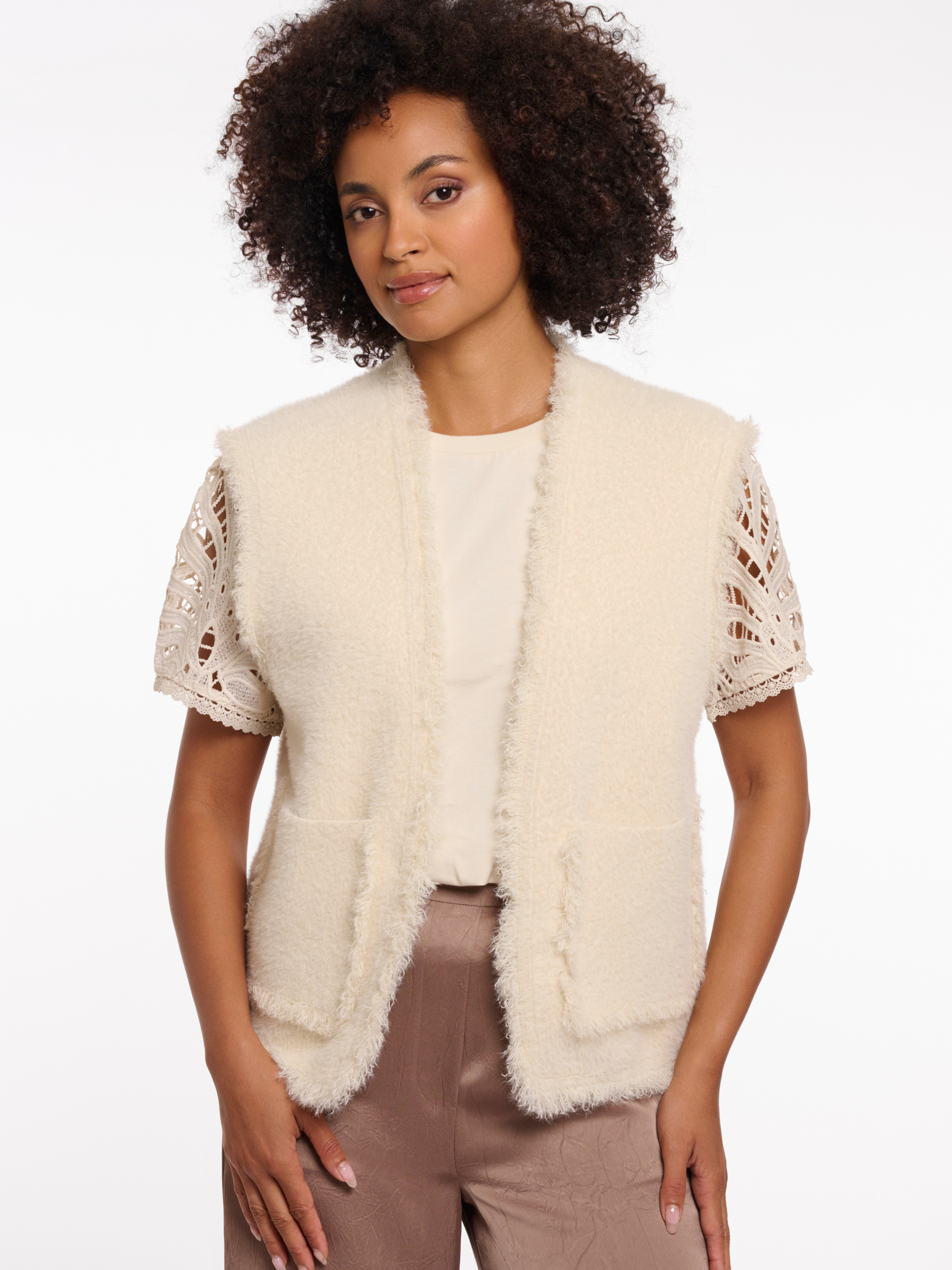 Rino & Pelle Vita Waistcoat soft fluffy sleeveless waistcoat with open front and patch pockets.