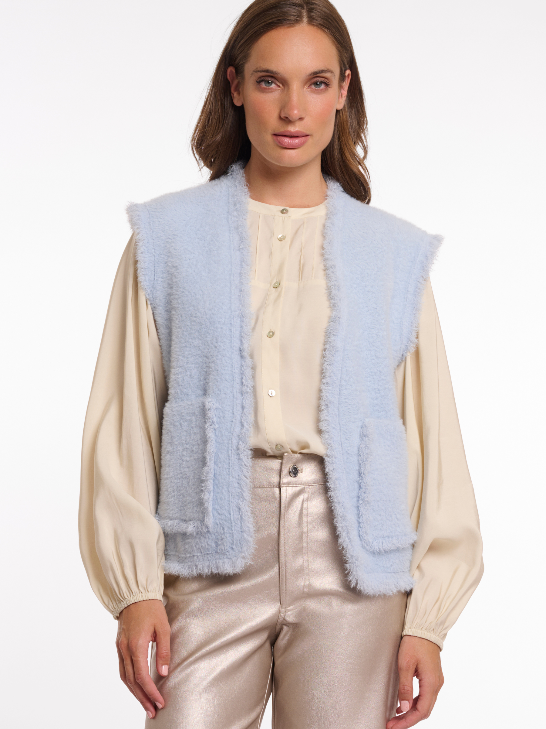 Rino & Pelle Vita Waistcoat soft fluffy sleeveless waistcoat with open front and patch pockets.