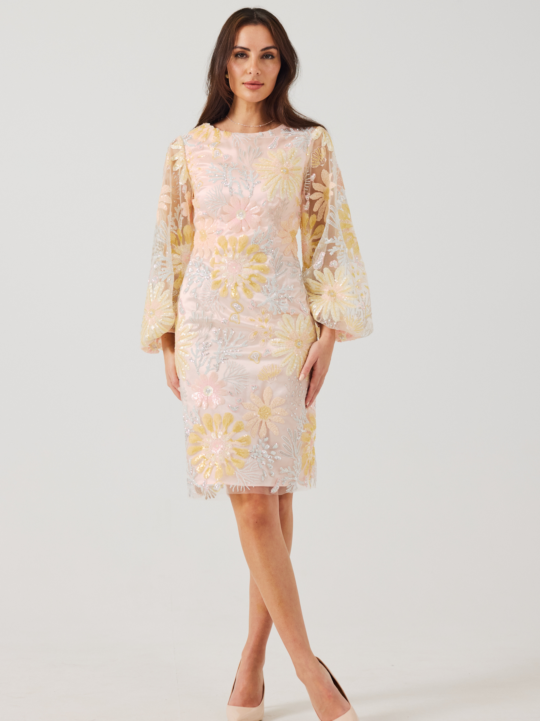 Samantha Jane Miranda Lemon Pink Dress with floral embroidery, sheer sleeves and fitted knee-length silhouette.