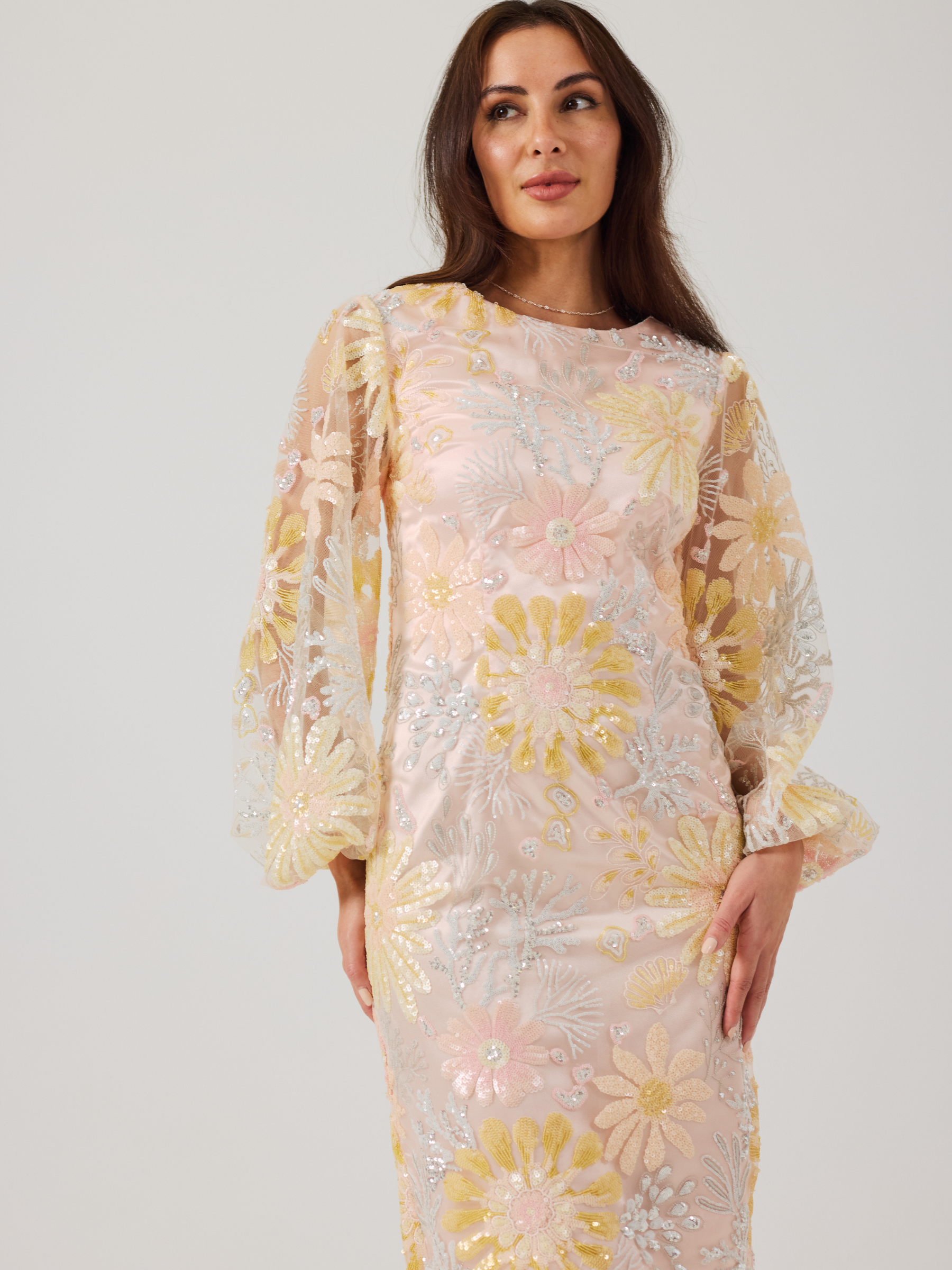 Samantha Jane Miranda Lemon Pink Dress with floral embroidery, sheer sleeves and fitted knee-length silhouette.