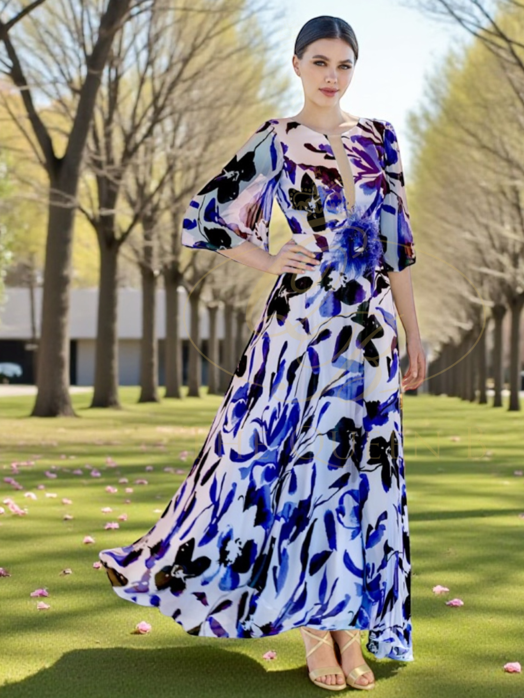 Sonia Peña 1260018 Blue Dress with keyhole neckline, sheer sleeves, floral waist detail and flowing A-line skirt.