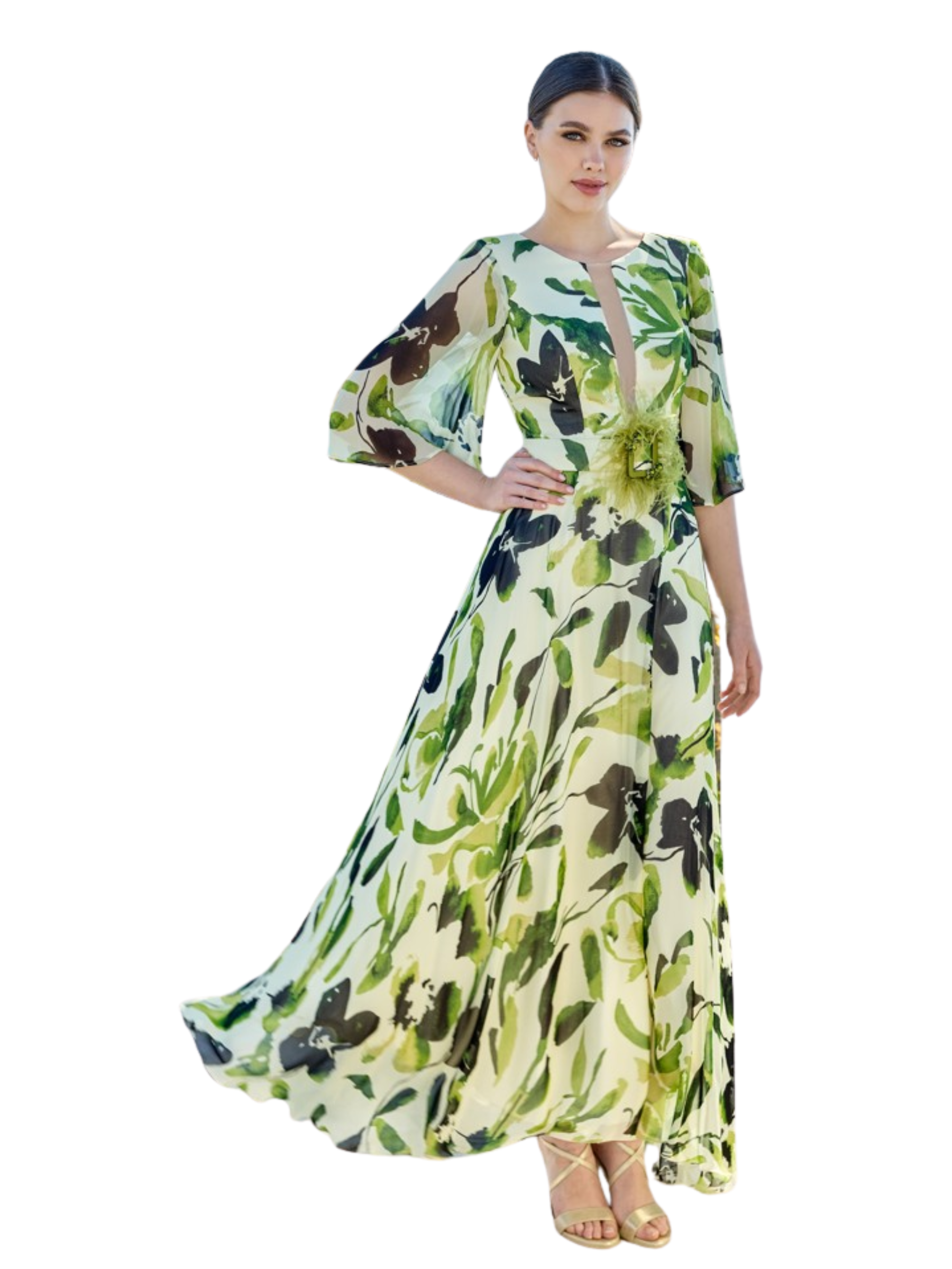 Sonia Peña 1260018 Green Dress with keyhole neckline, sheer sleeves, floral waist detail and flowing A-line skirt.