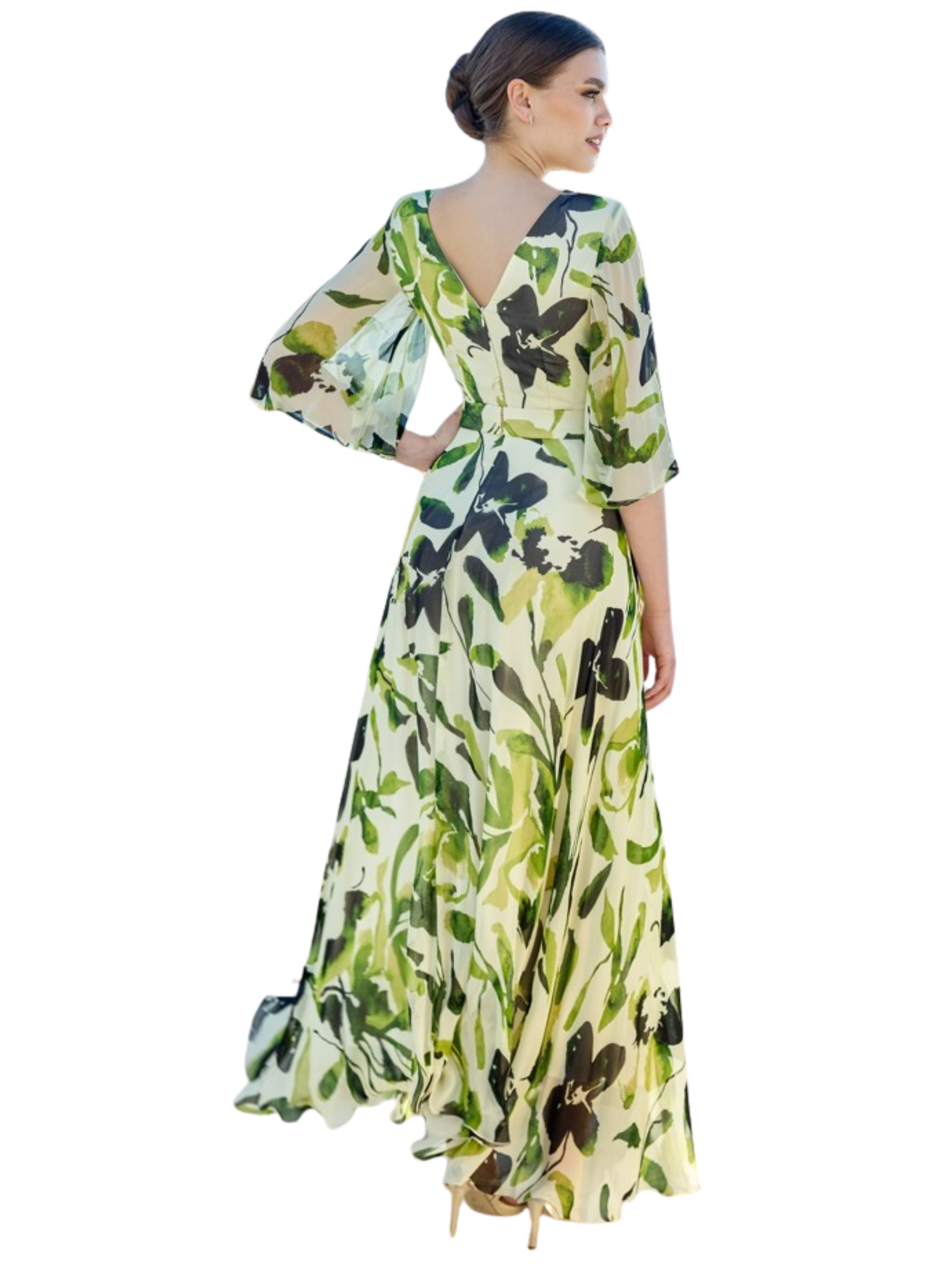 Sonia Peña 1260018 Green Dress with keyhole neckline, sheer sleeves, floral waist detail and flowing A-line skirt.