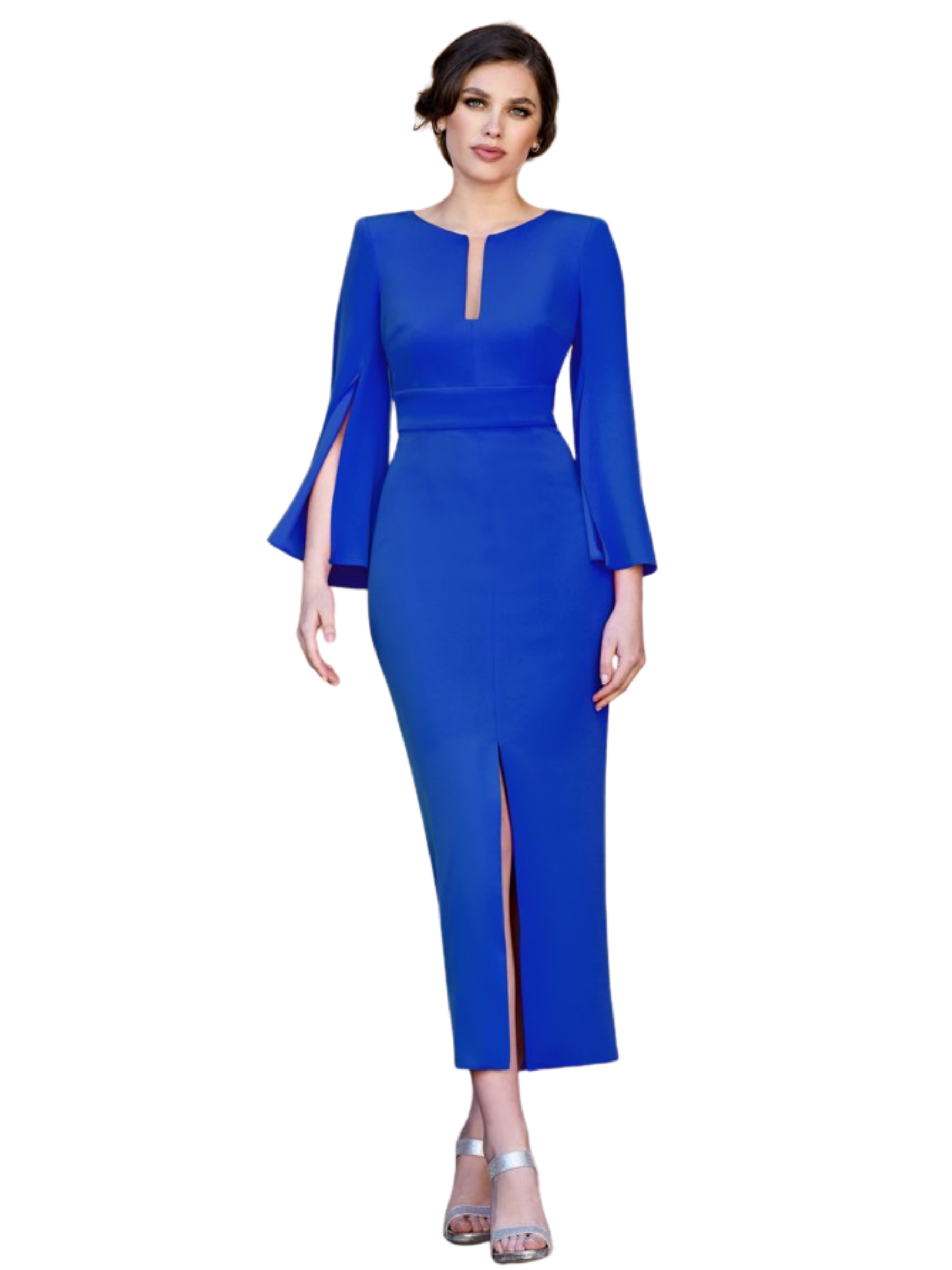 Sonia Peña 1260030 Royal Blue Dress with keyhole neckline, split sleeves, tailored waist and straight-cut skirt with front slit.