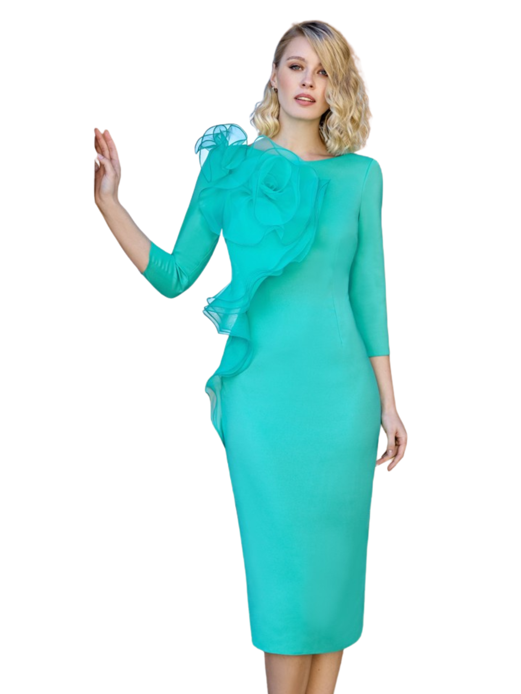 Sonia Peña 1260066A Turquoise Dress with straight silhouette, oversized floral appliqué and three-quarter sleeves.