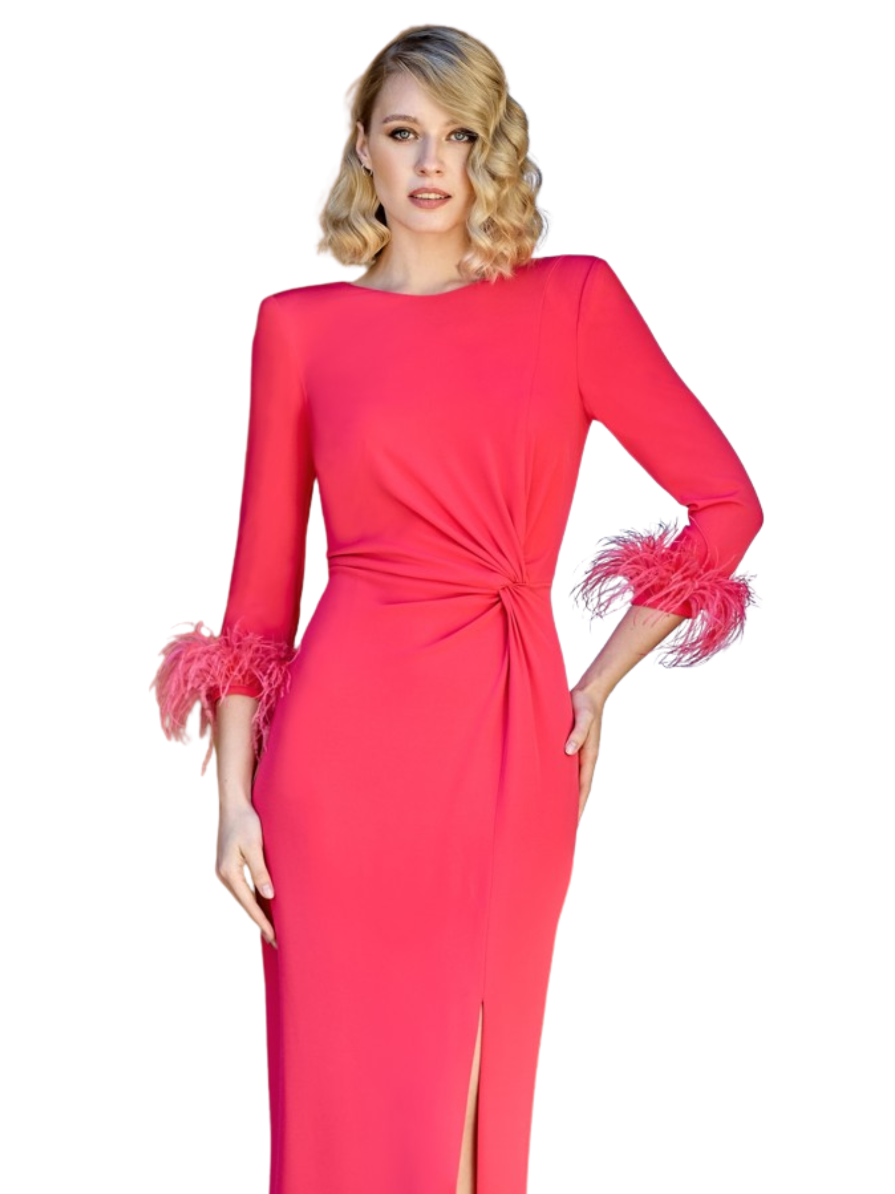 Sonia Peña 1260070A Coral Dress with straight silhouette, knot waist detail, feather-trim sleeves and front split.