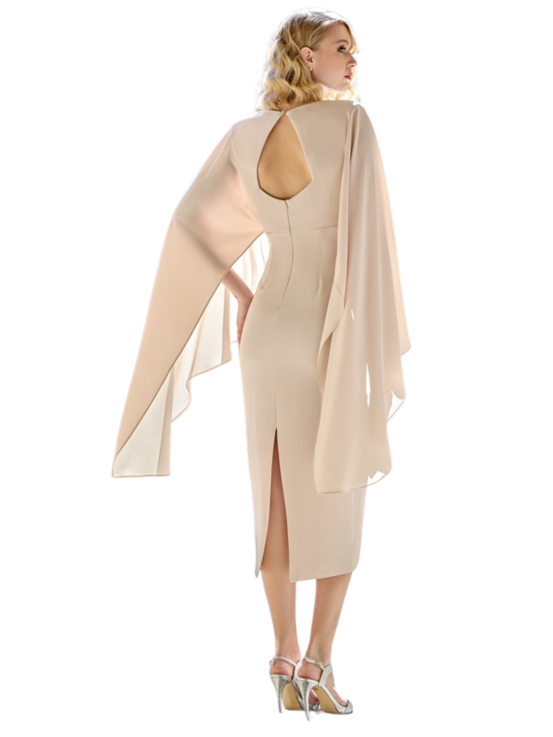 Sonia Peña 1260073A Beige Dress with cape-effect sleeves, straight skirt and jewelled waist detail.