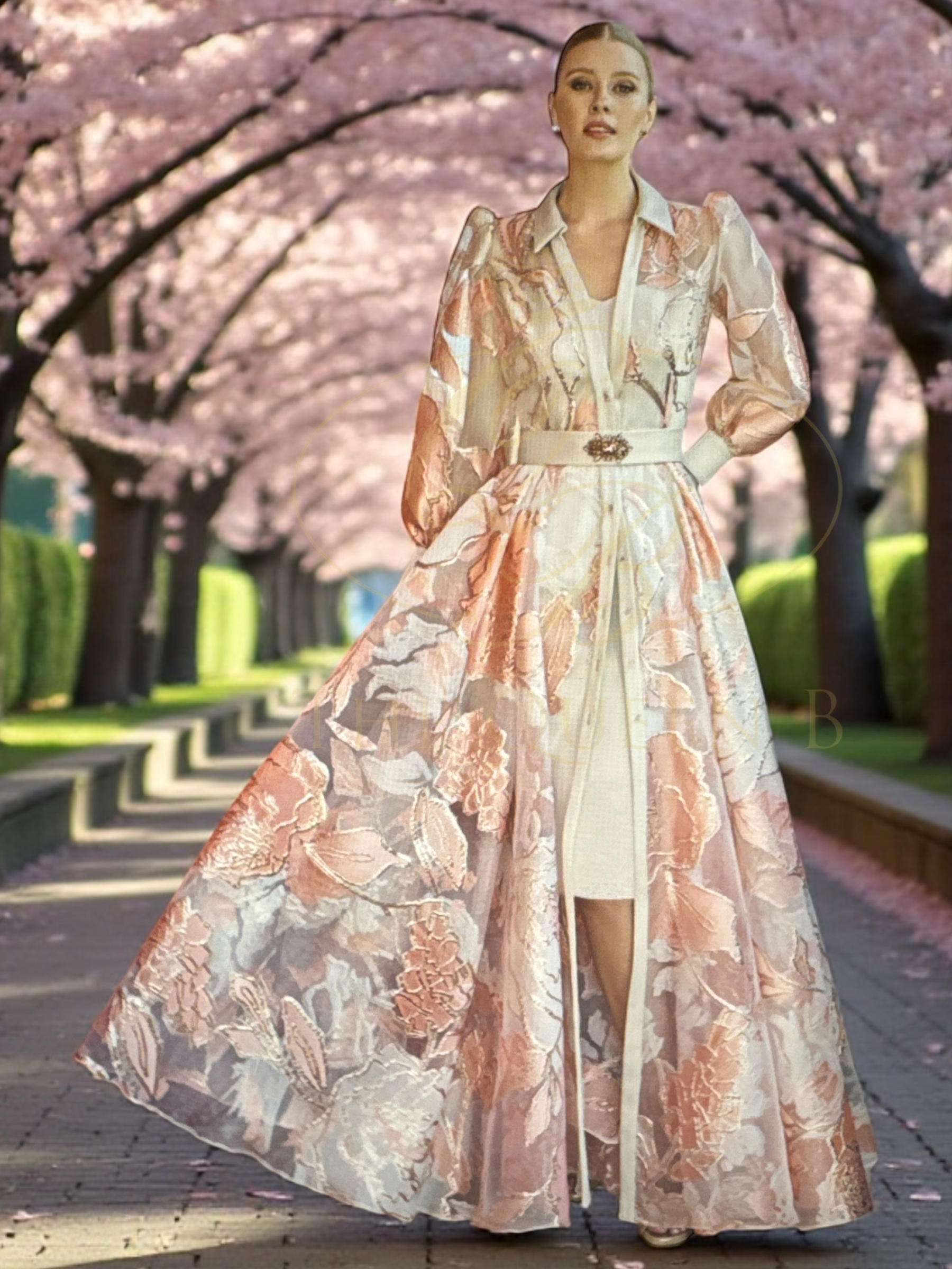 Sonia Peña 1261006A Salmon Dress – elegant two-piece ensemble with sheer floral overcoat, belted waist and puff sleeves in shimmering salmon tones, perfect for weddings and formal events.