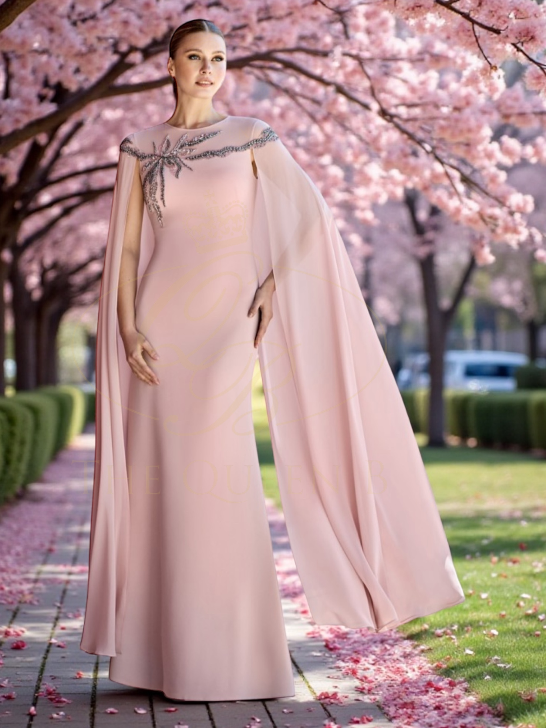 Sonia Peña 1261007 Pink Dress – elegant floor-length sheath gown with chiffon cape overlay and embellished neckline, perfect for weddings, evening occasions and formal events.