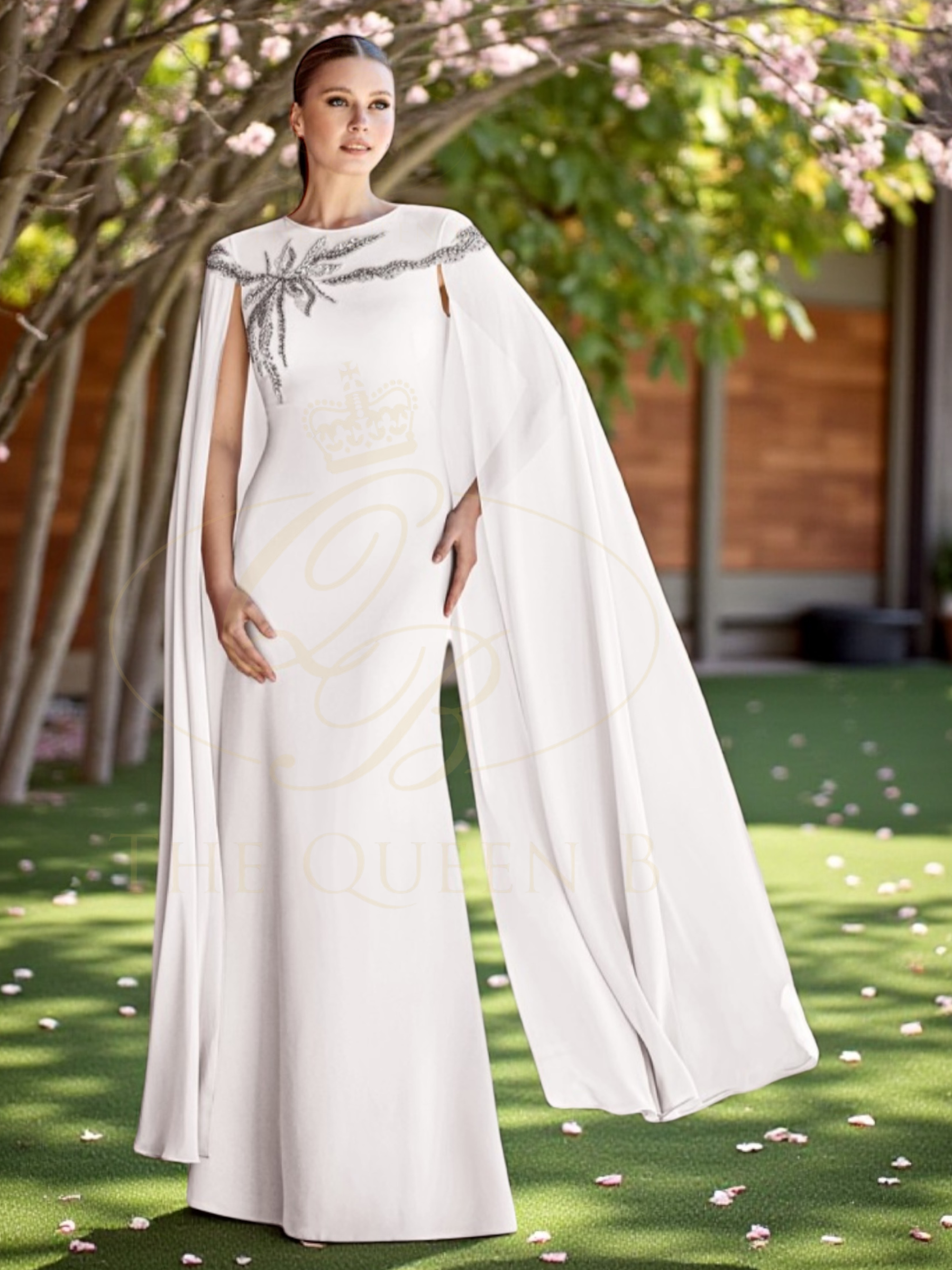 Sonia Peña 1261007 White Dress - elegant floor-length sheath gown with chiffon cape overlay and embellished neckline, perfect for weddings, formal occasions and evening events.