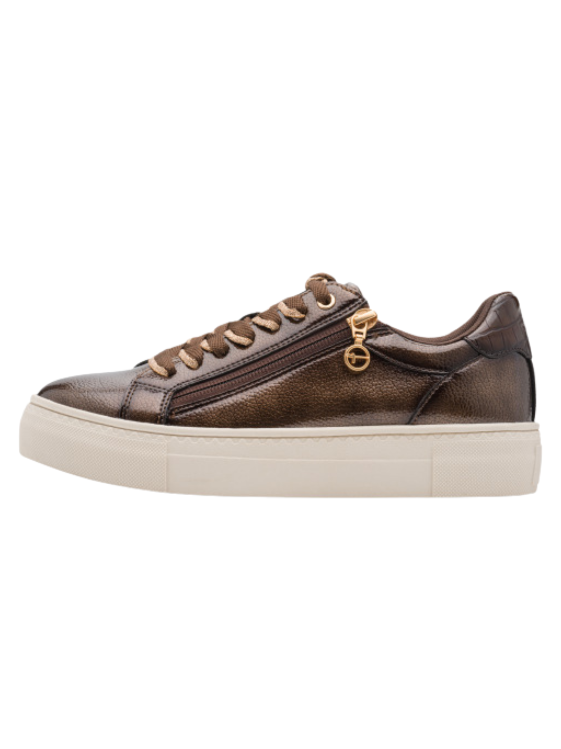 Tamaris 23313 359 Brown Patent Trainer with lace-up front and side zip detail.