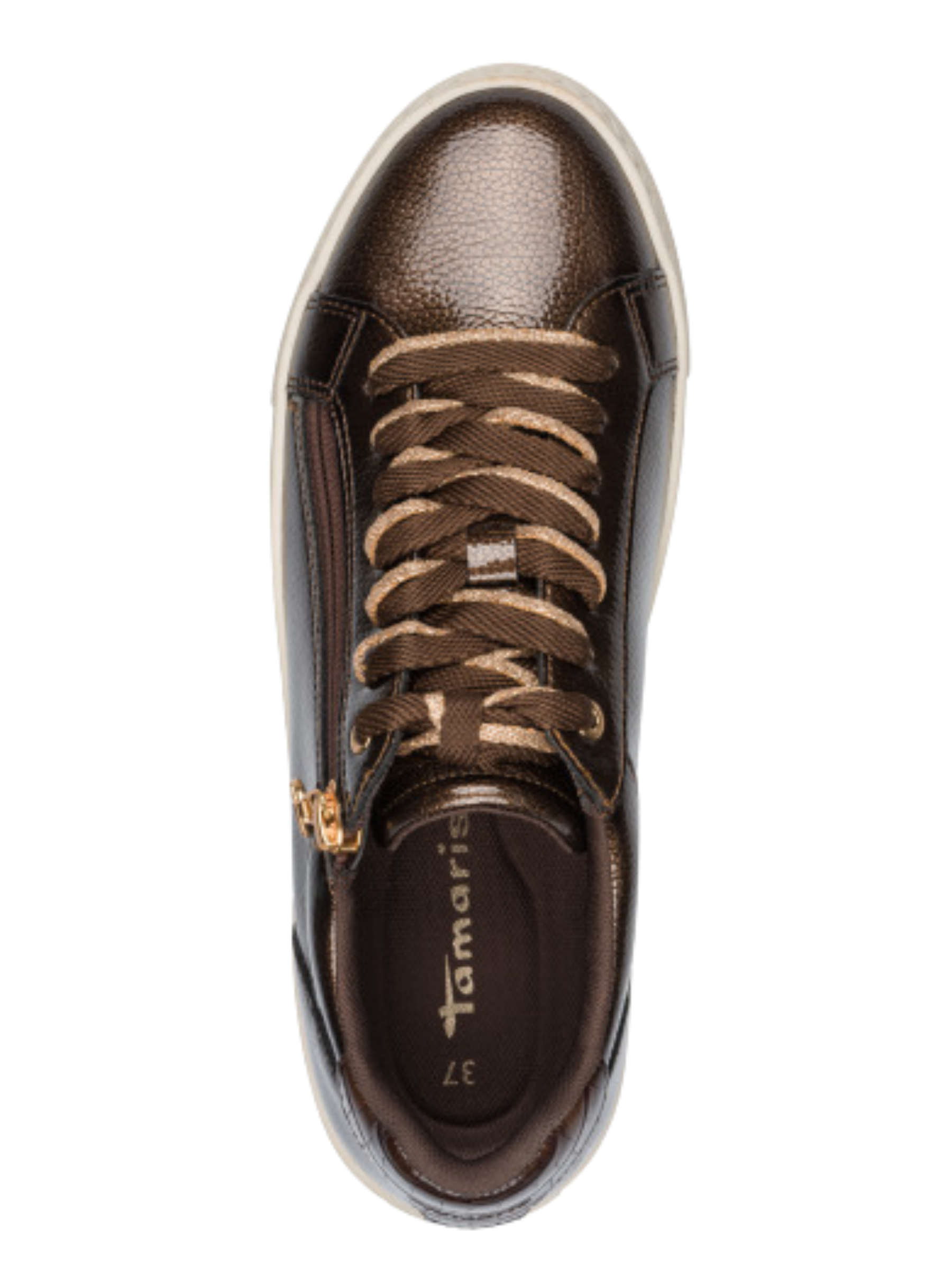 Tamaris 23313 359 Brown Patent Trainer with lace-up front and side zip detail.