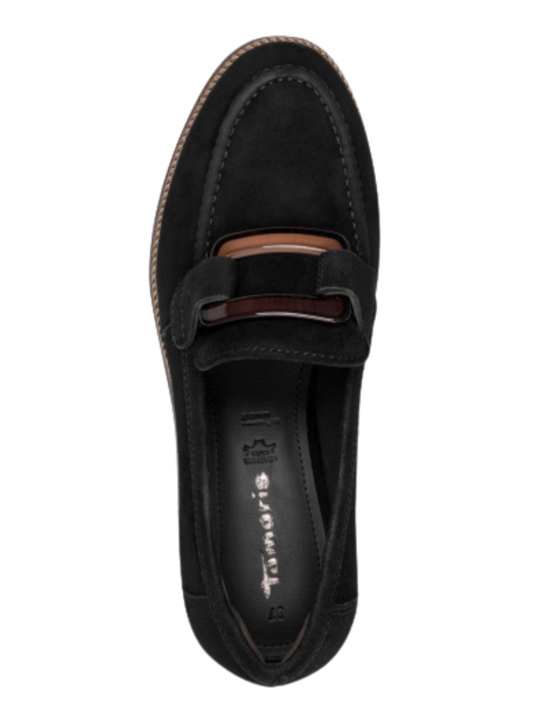 Tamaris 24722 001 Black Loafer with classic front detail and 40mm block heel.