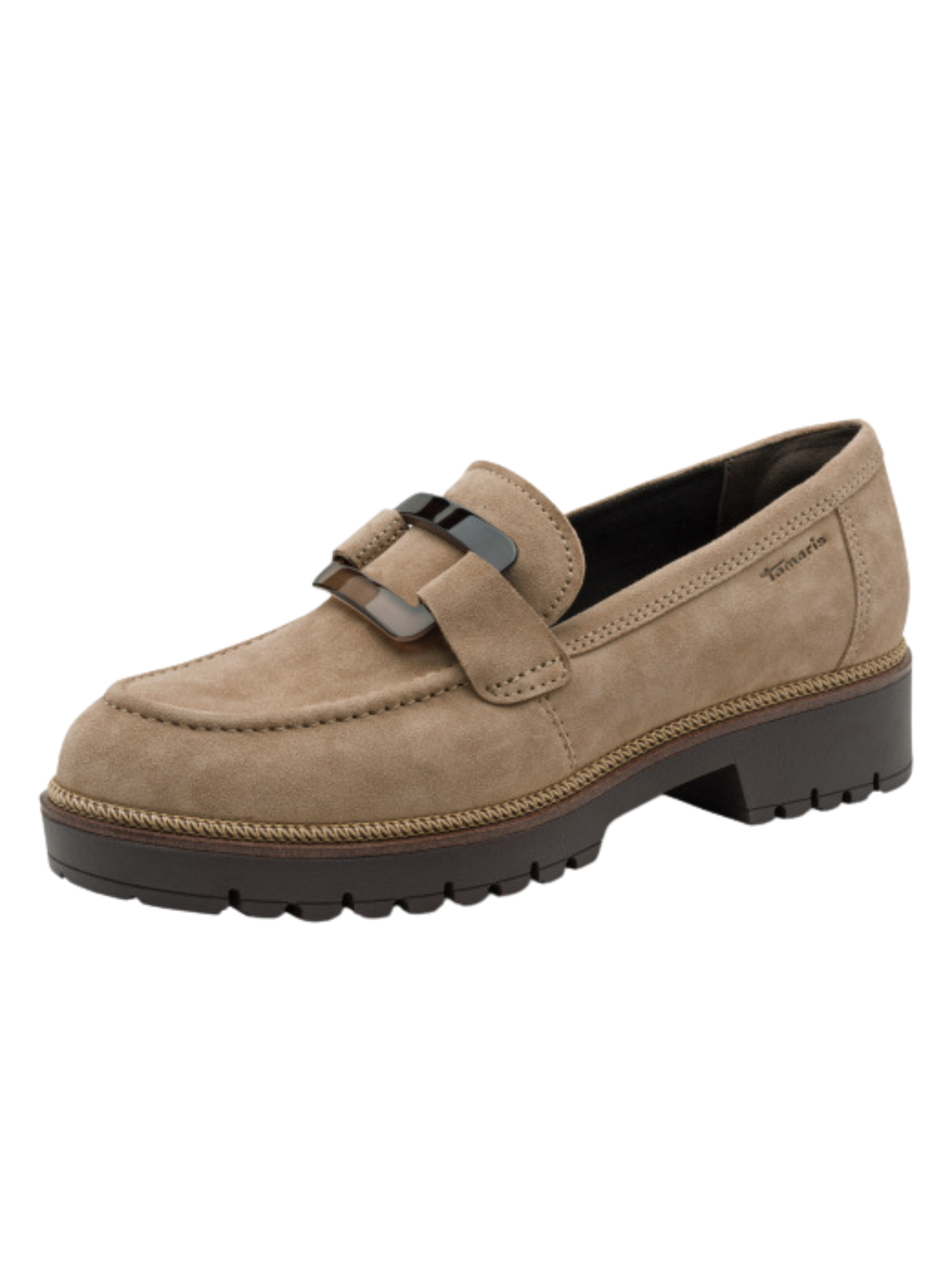 Tamaris 24722 3A1 Taupe Loafer with classic front detail and 40mm block heel.