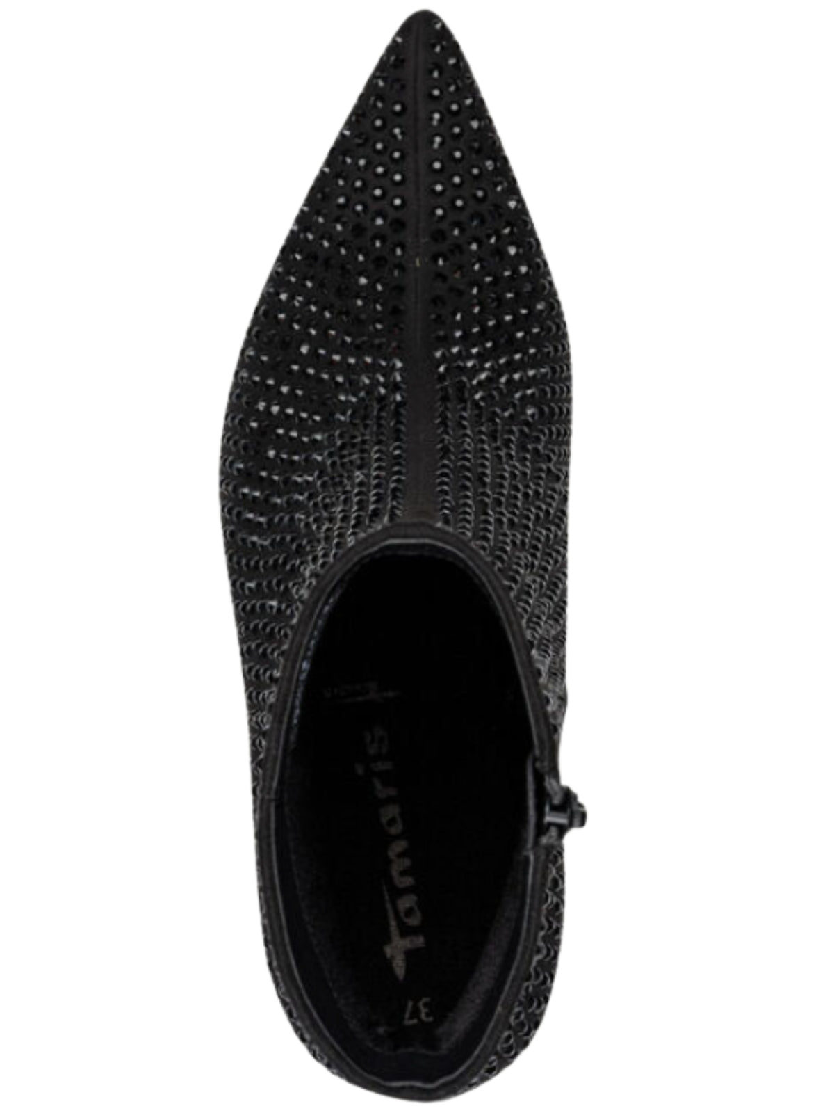 Tamaris 25385 043 Black Glam Boot with pointed toe, sparkling embellishment, stiletto heel and side zip fastening.