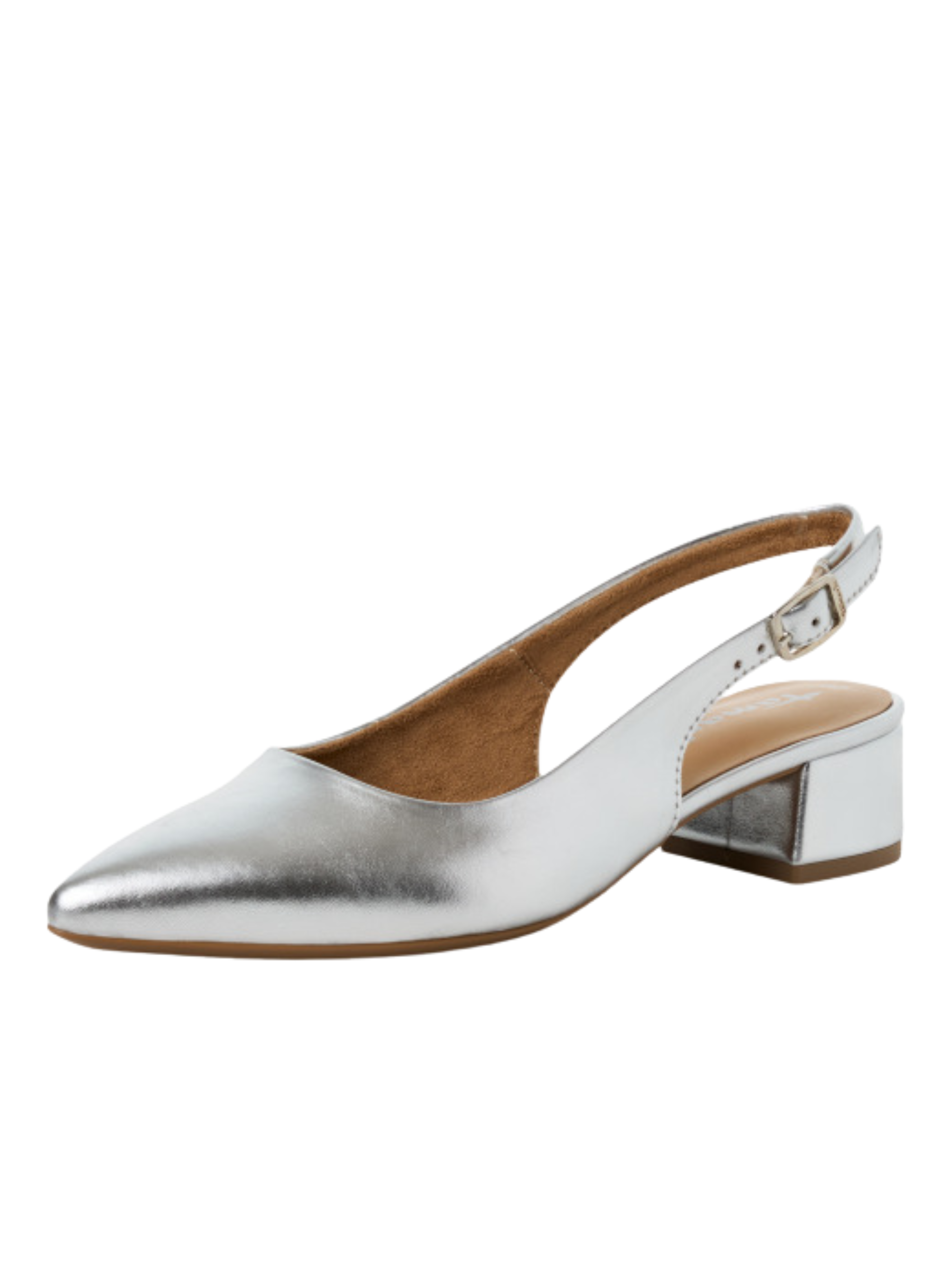 Tamaris 29505 993 silver metallic women’s slingback heels with pointed toe, buckle fastening and 40mm block heel.
