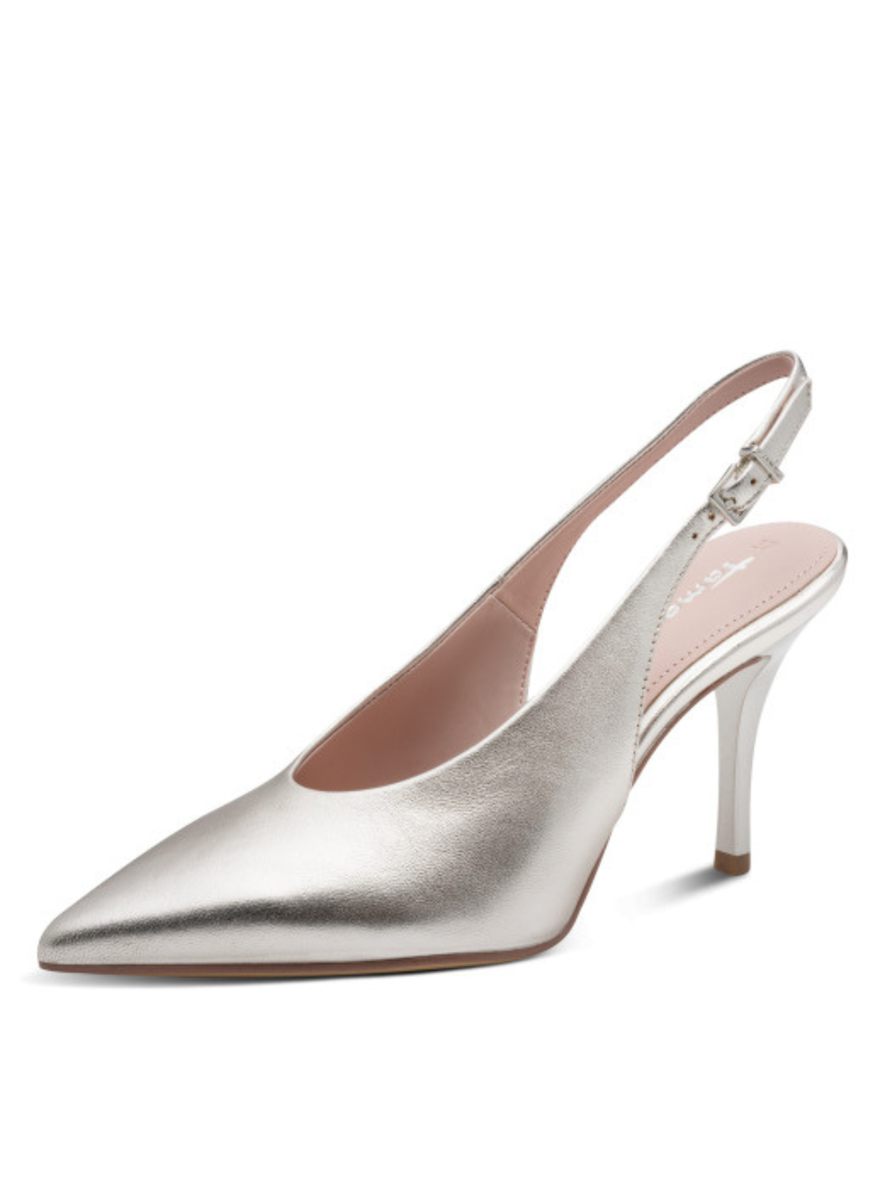 Tamaris 29642 957 platinum leather women’s slingback heels with pointed toe, buckle fastening and 90mm stiletto heel.