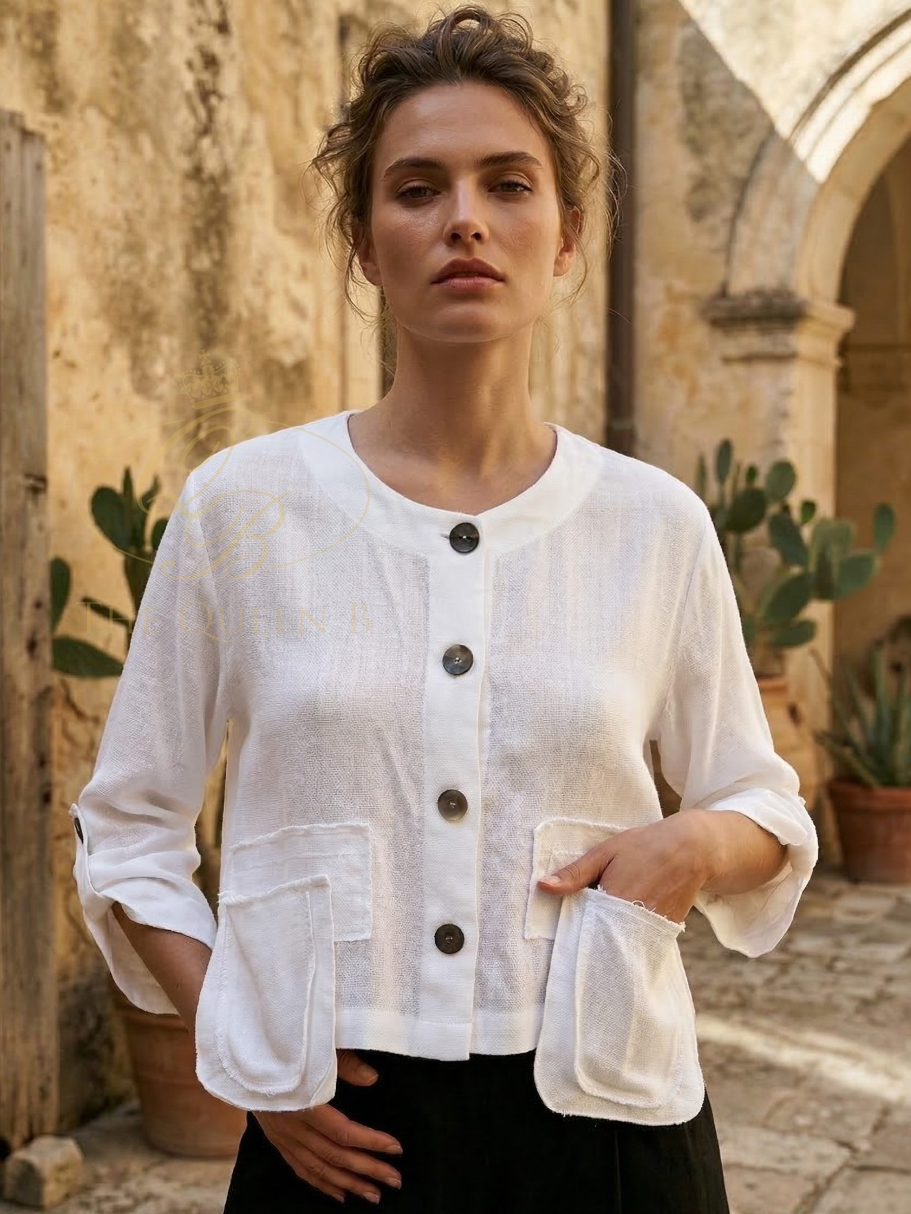 Tara Vao Mael 5091 Jacket with relaxed silhouette, button front and patch pockets.