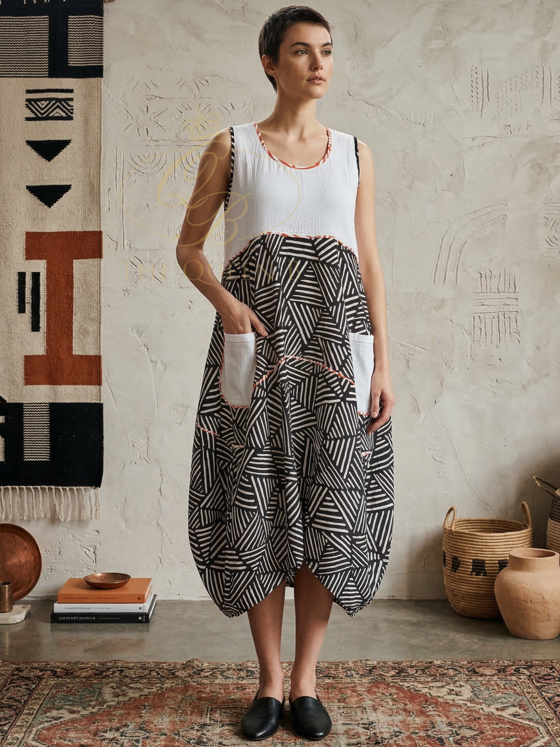 Tara Vao Moana 8151 Dress with sleeveless contrast bodice, geometric print skirt and patch pockets.