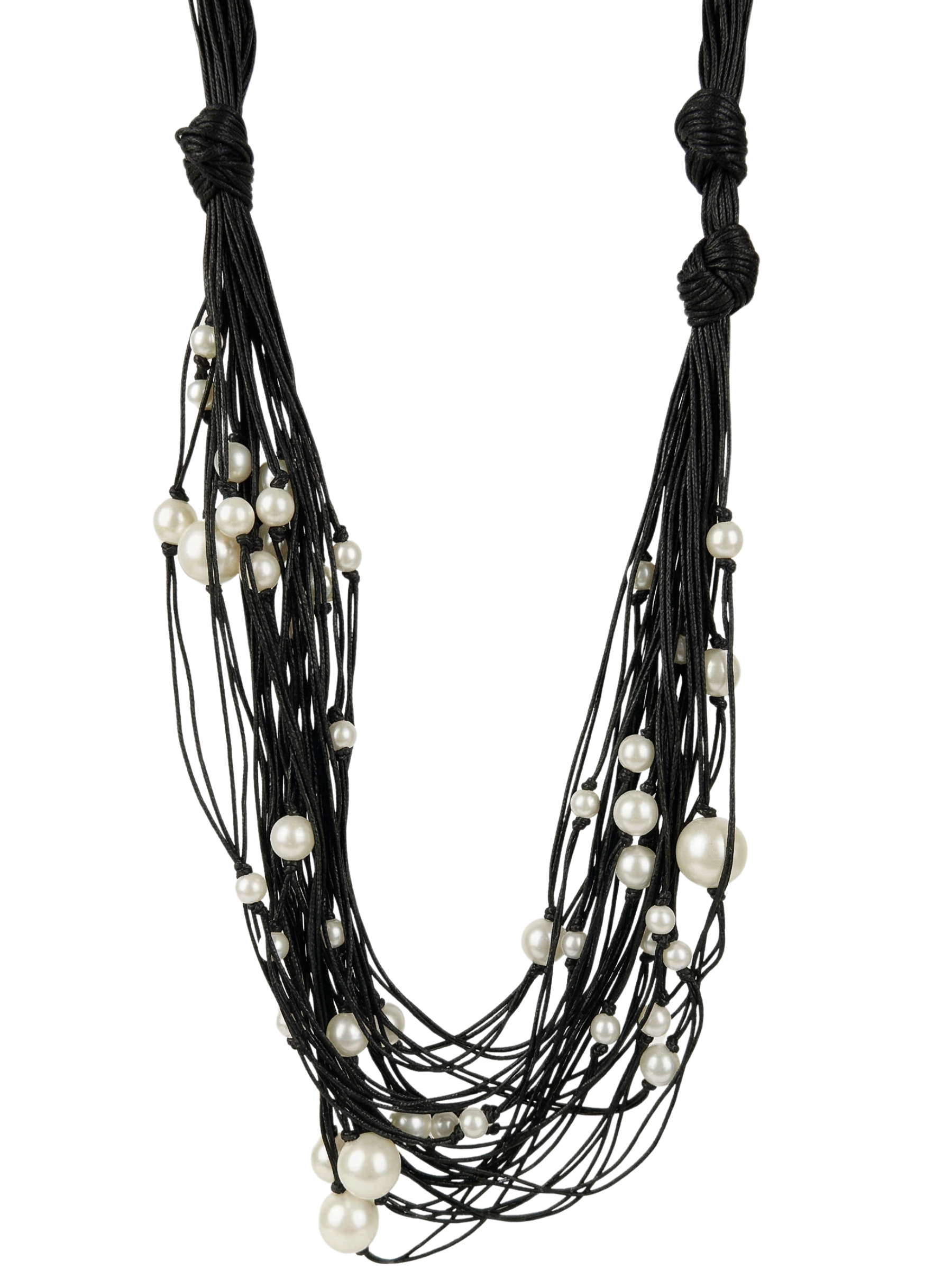 Tara Vao N06 Necklace with multi-strand black cords and scattered pearl-style beads creating a layered statement necklace.