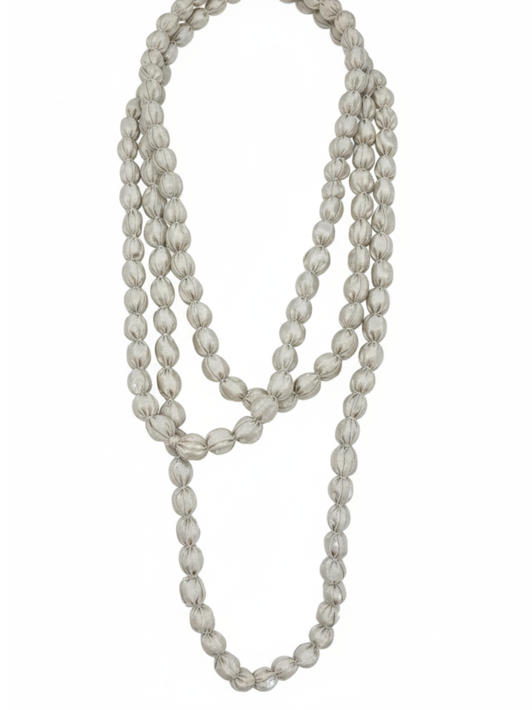 Tara Vao N08 Necklace with multi-strand fabric-wrapped beads creating a long layered statement necklace.