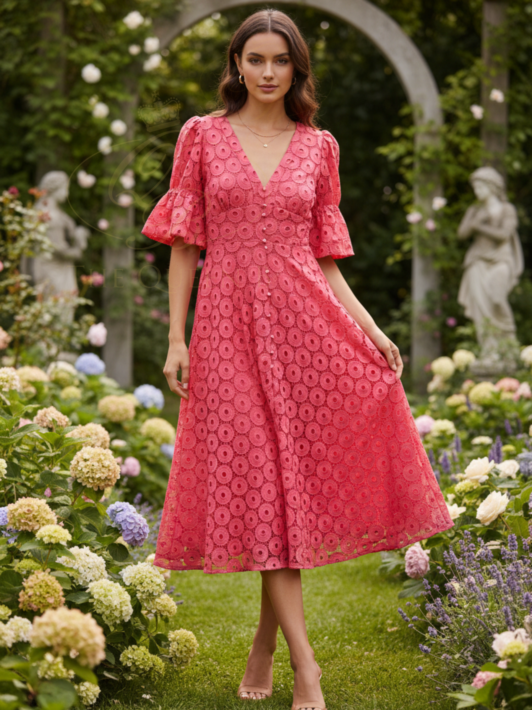 Hot pink skater midi dress with broderie-style fabric, puff sleeves and bow back detail.
