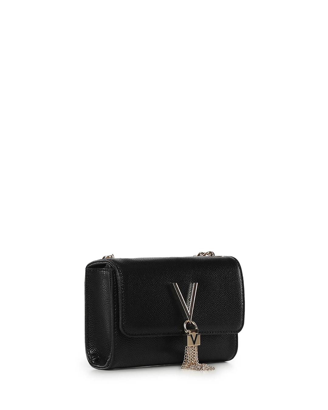 Black clutch bag with a gold chain strap