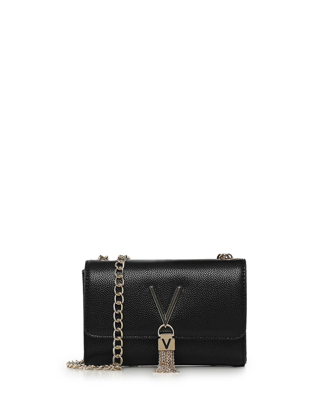 Black clutch bag with a gold chain strap