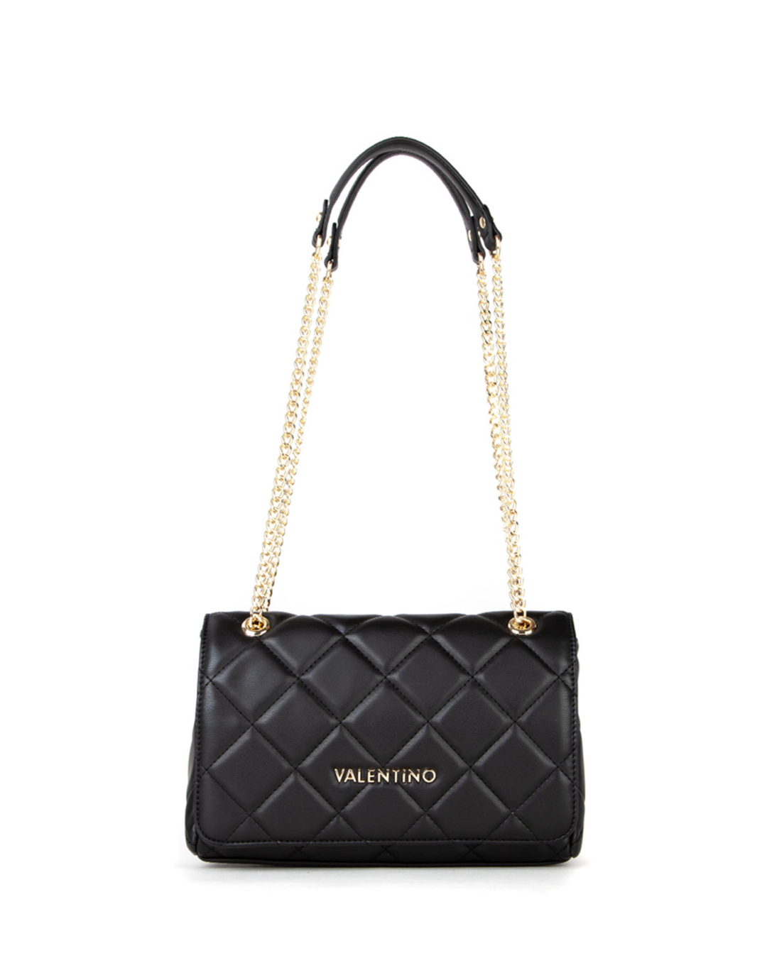Black quilted handbag with gold chain strap