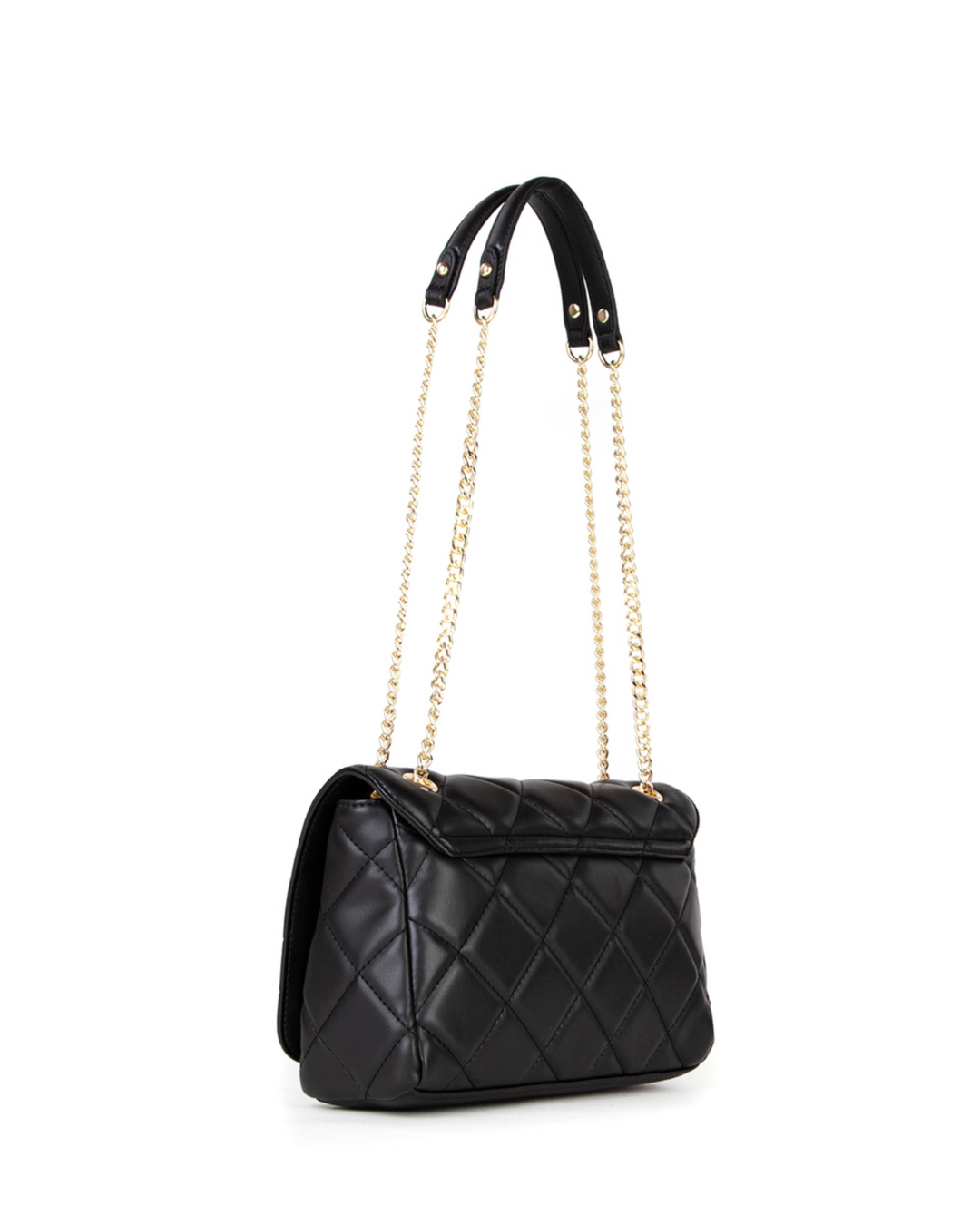 Black quilted handbag with gold chain strap