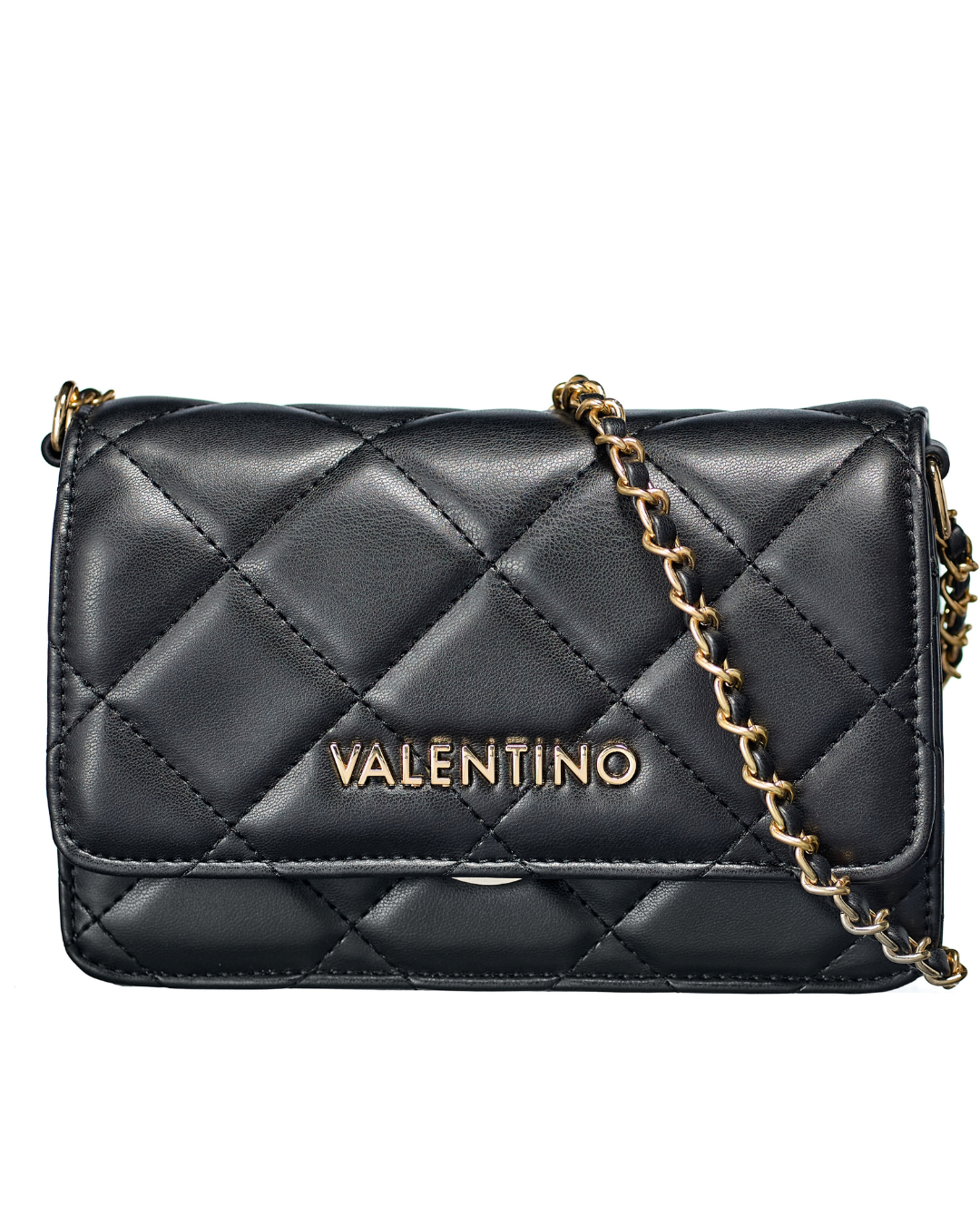 Black quilted handbag with gold chain strap