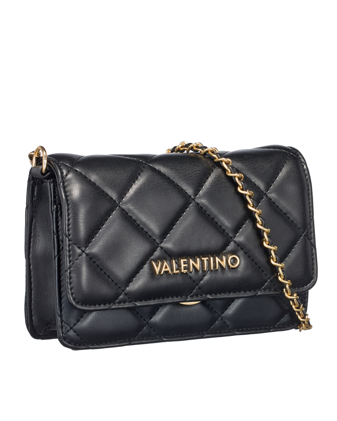 Black quilted handbag with gold chain strap
