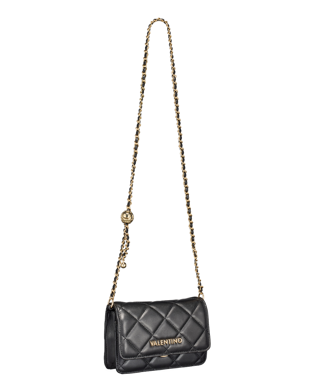 Black quilted handbag with gold chain strap