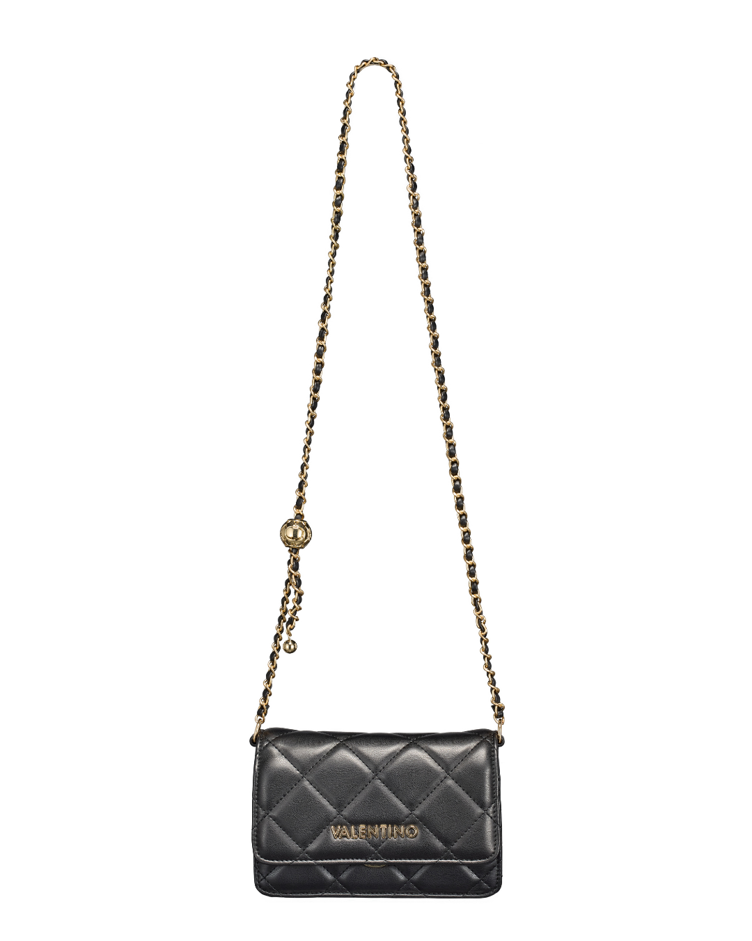 Black quilted handbag with gold chain strap