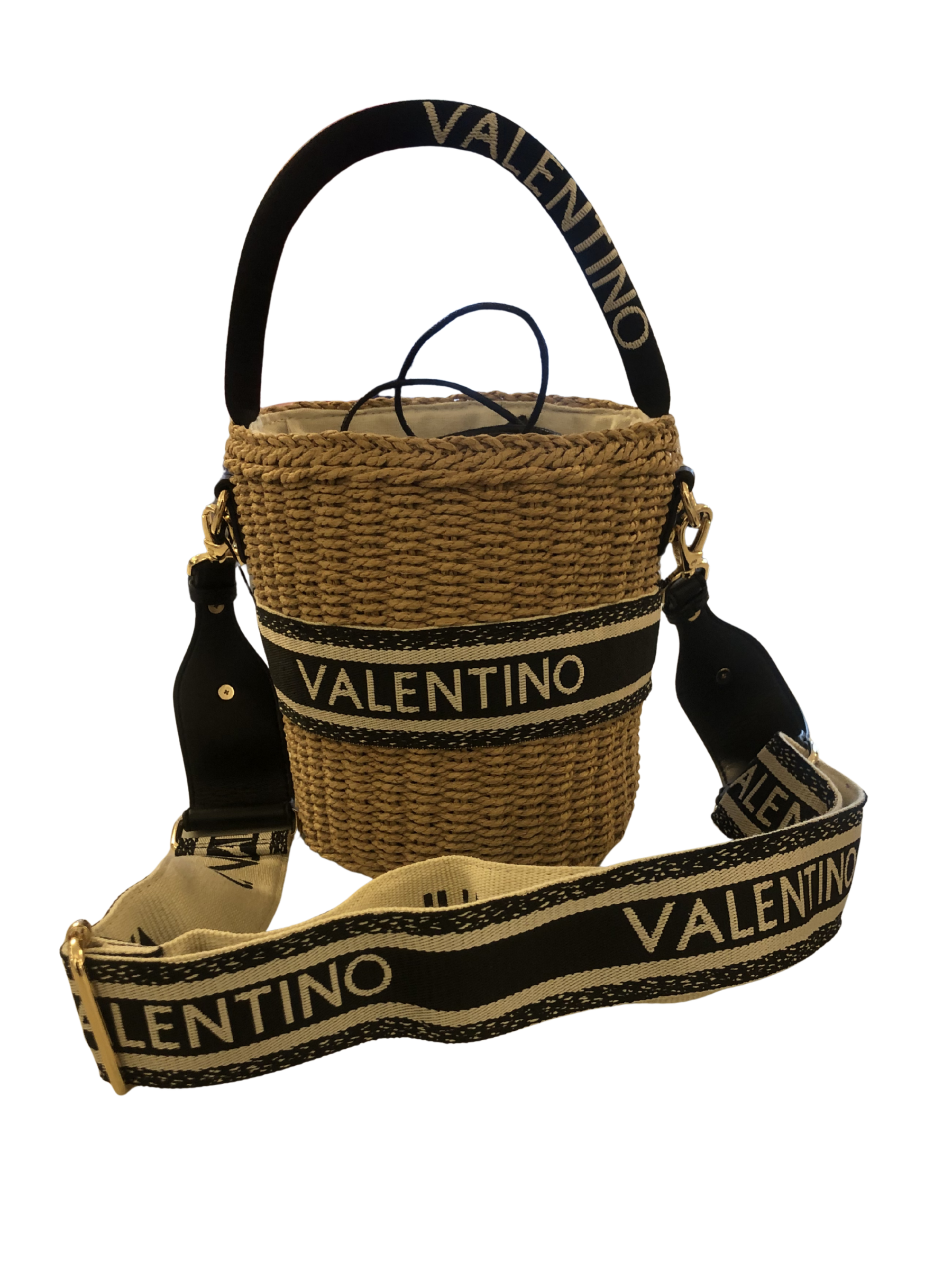 Valentino Boho bucket bag woven straw handbag with top handle, detachable branded shoulder strap and Valentino logo band.