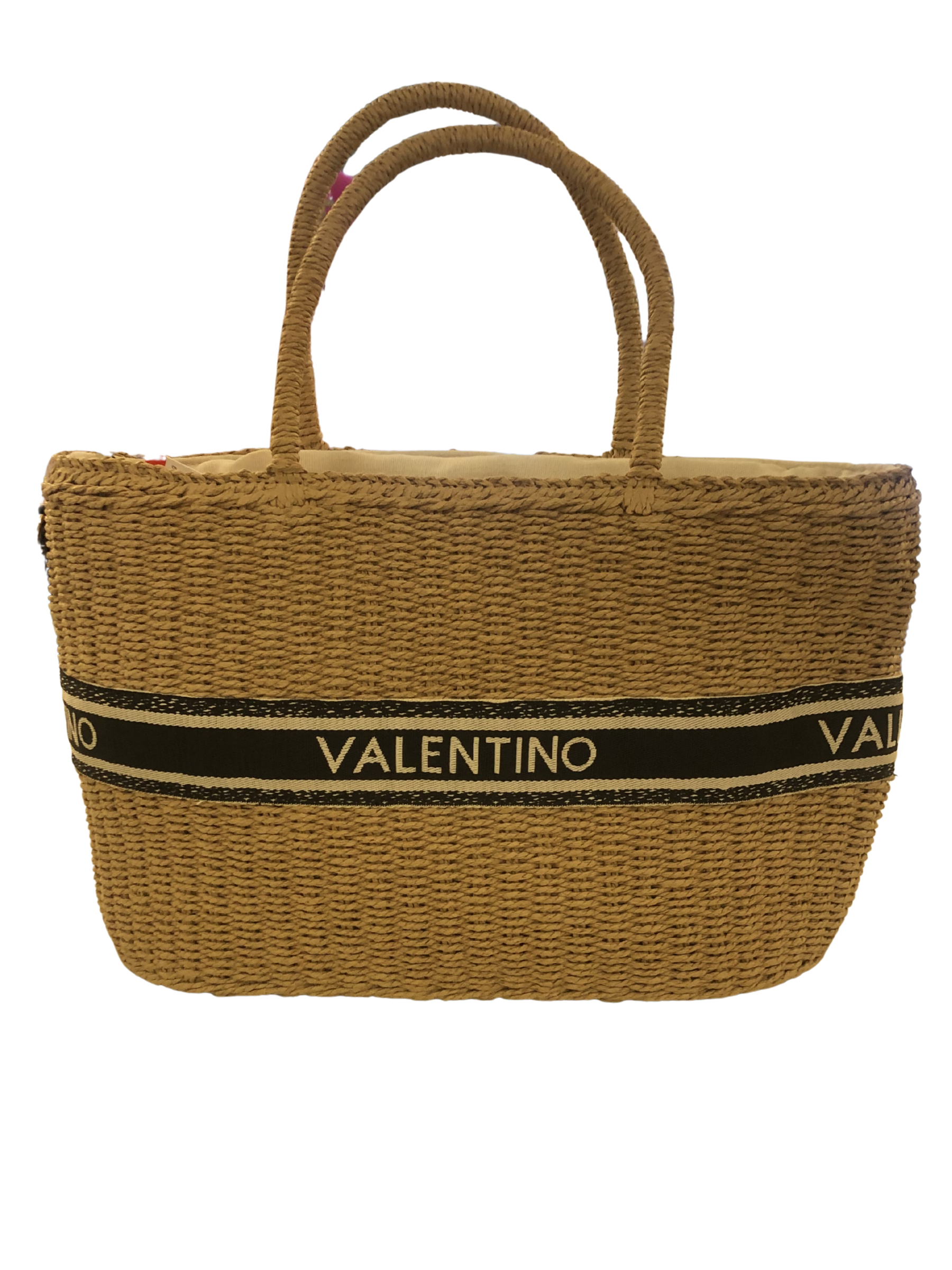 Valentino Boho shopping bag woven straw tote with Valentino logo band, top handles and detachable shoulder strap.
